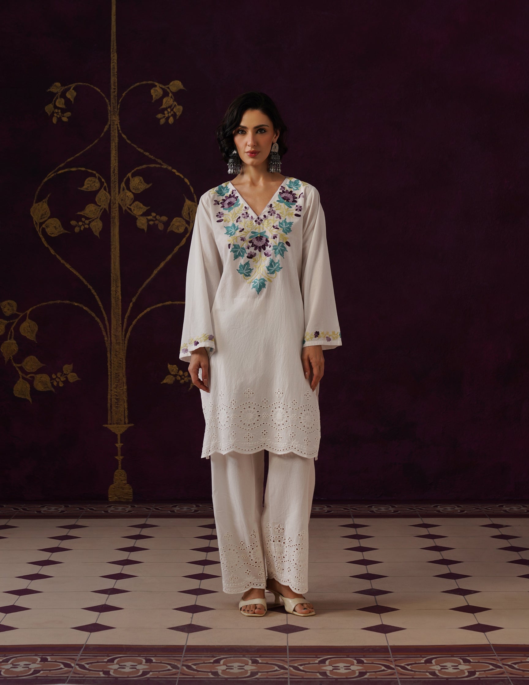 Off-White Schiffli & Aari Embroidered Cambric Cotton Co-ord Set