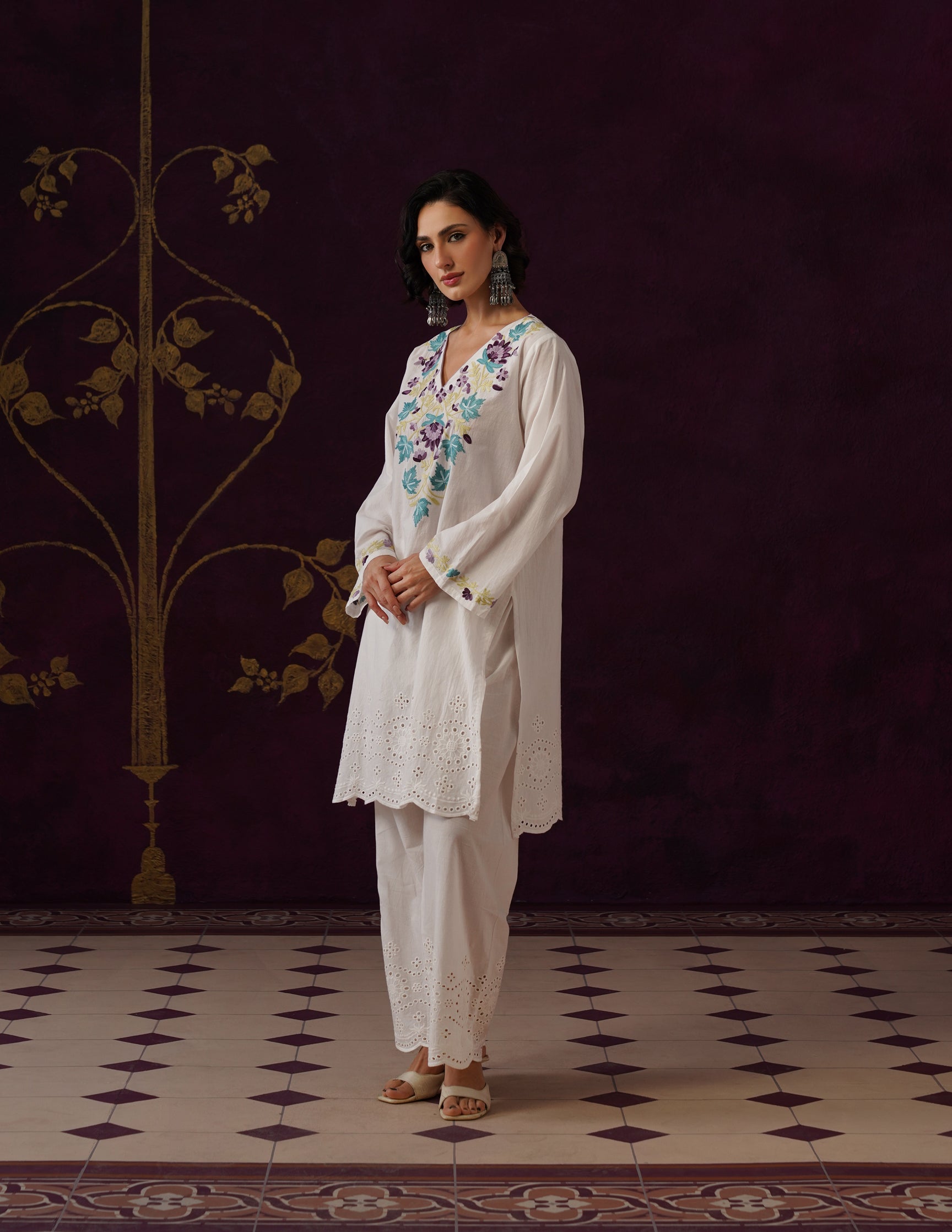 Off-White Schiffli & Aari Embroidered Cambric Cotton Co-ord Set