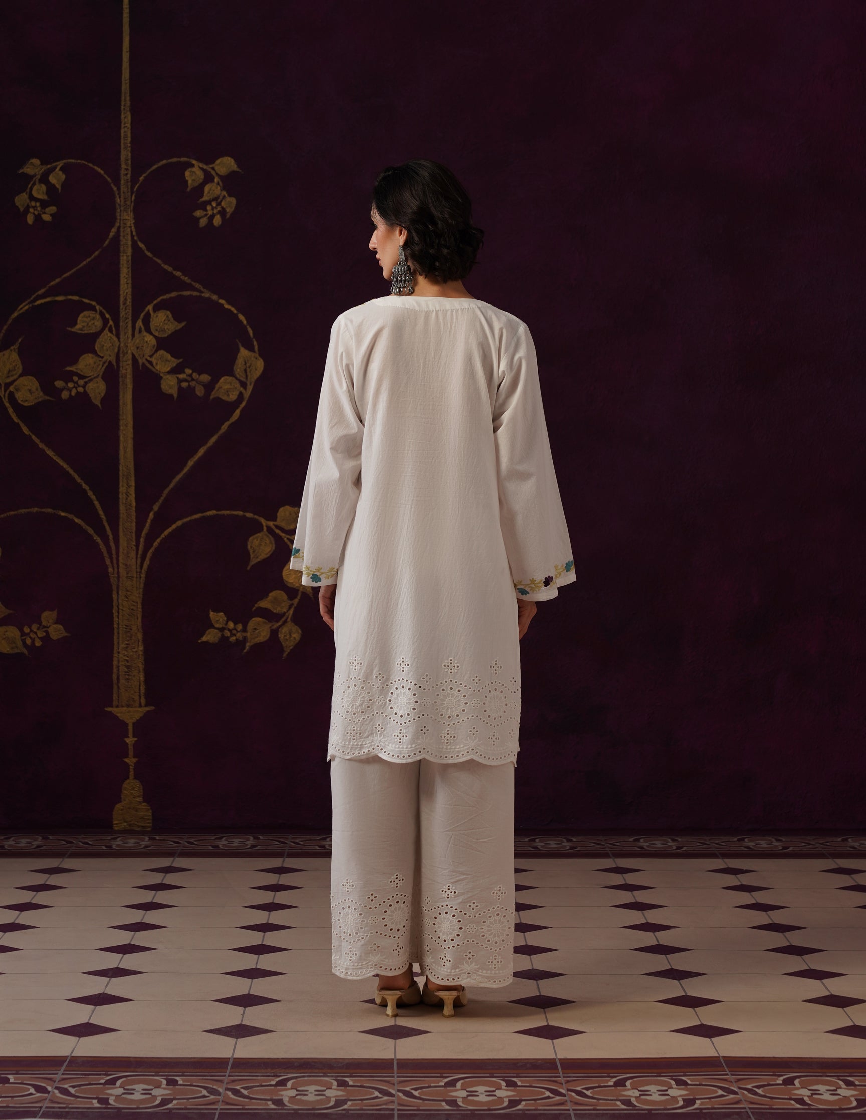 Off-White Schiffli & Aari Embroidered Cambric Cotton Co-ord Set