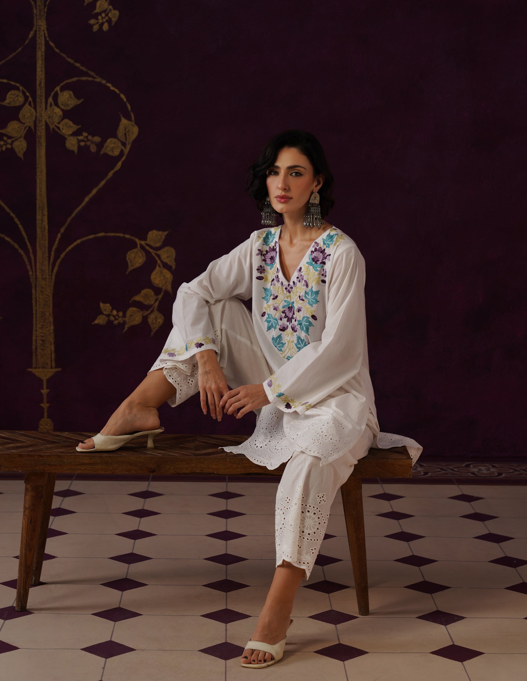 Off-White Schiffli & Aari Embroidered Cambric Cotton Co-ord Set