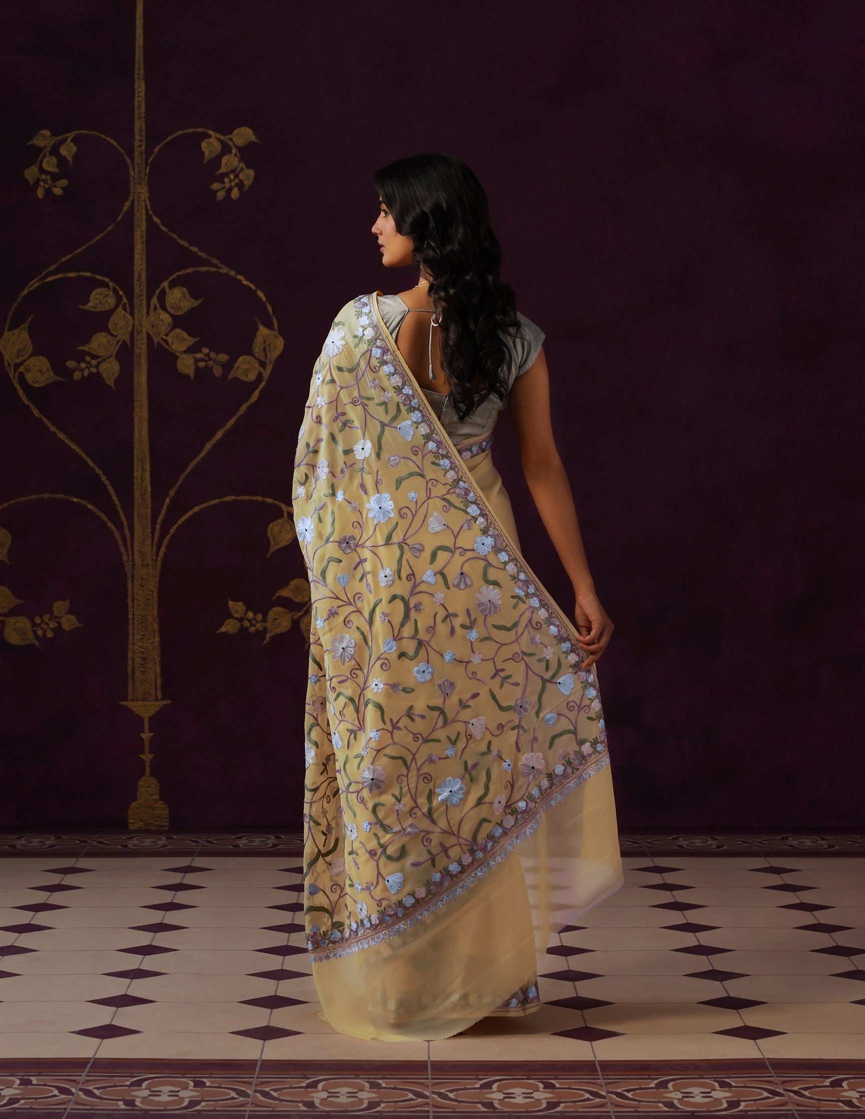 Kashmiri Aari Embroidered Georgette Saree – Butter Yellow