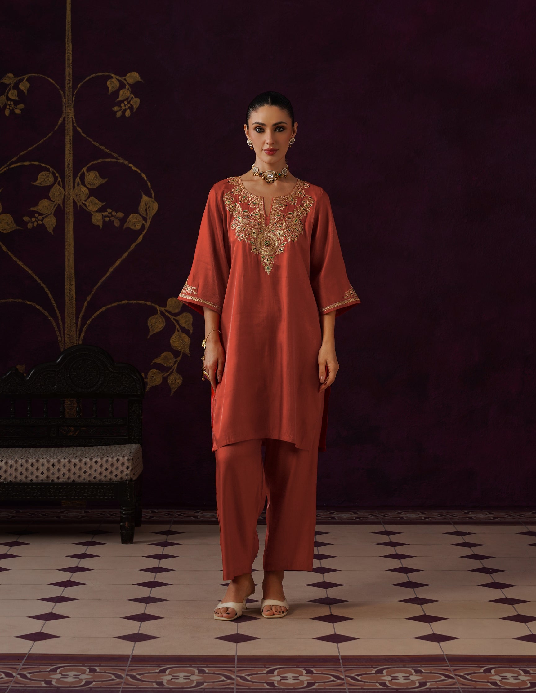 Kashmiri Tilla & Thread Embroidered Silk Co-ord Set – Rust Orange