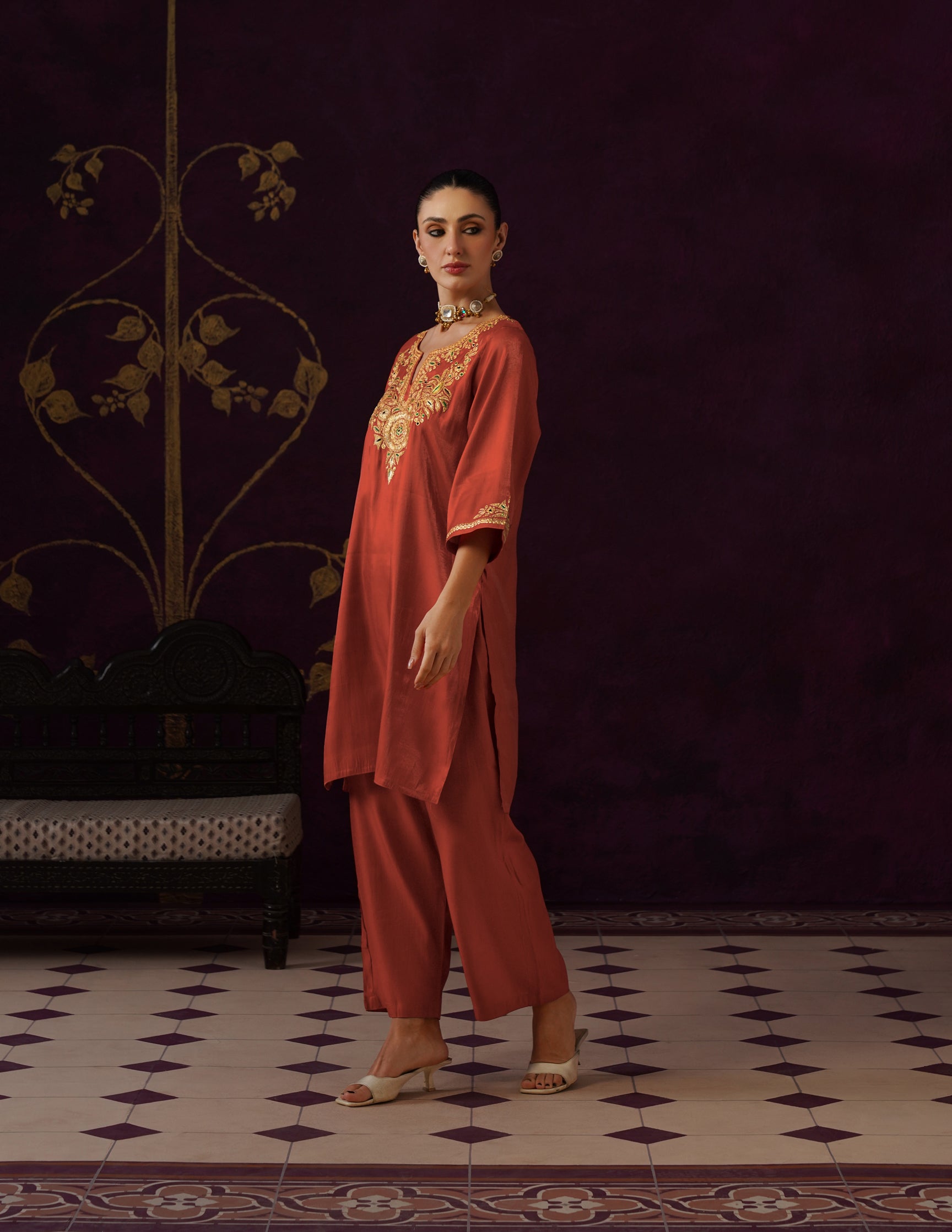 Kashmiri Tilla & Thread Embroidered Silk Co-ord Set – Rust Orange