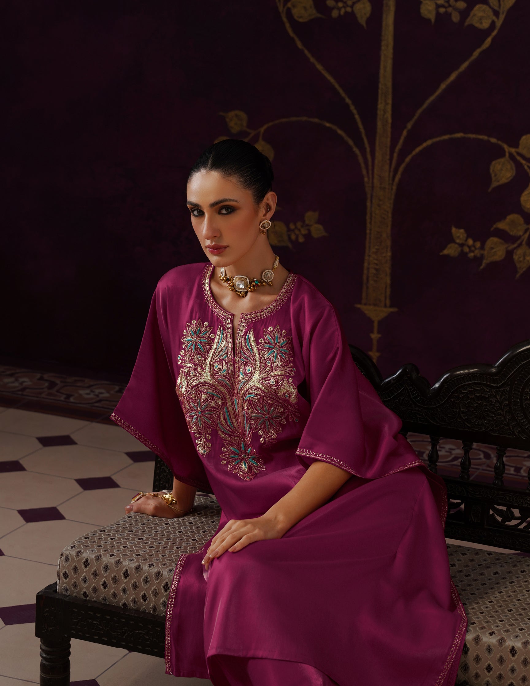 Kashmiri Tilla & Thread Embroidered Silk Kaftan Set – Magenta Pink
