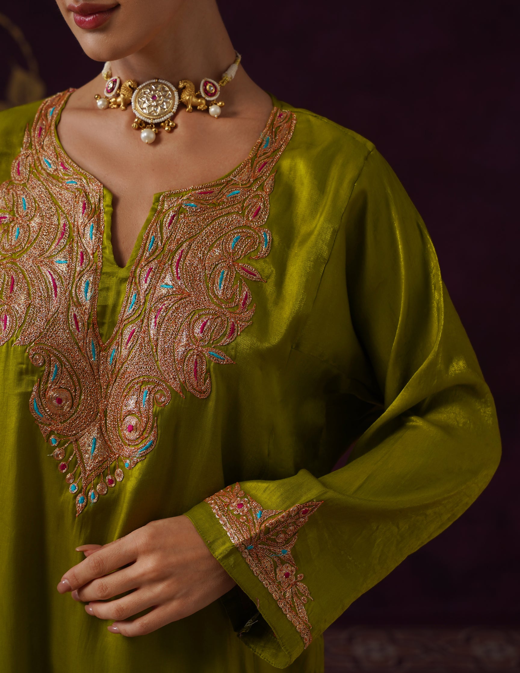 Kashmiri Tilla & Thread Embroidered Silk Phiran Set β Mustard Green