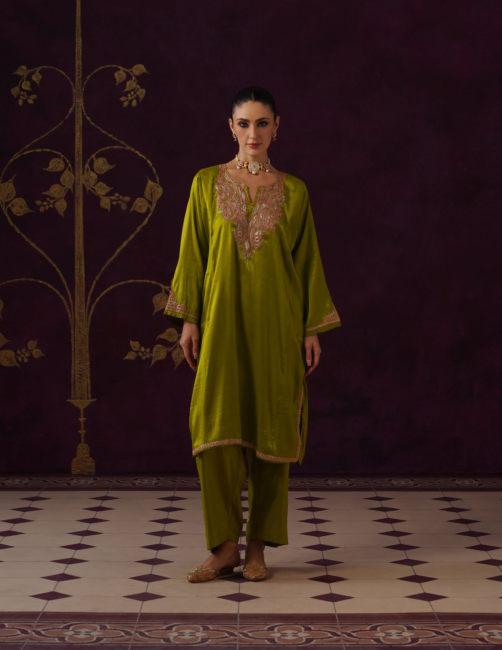 Kashmiri Tilla & Thread Embroidered Silk Phiran Set β Mustard Green
