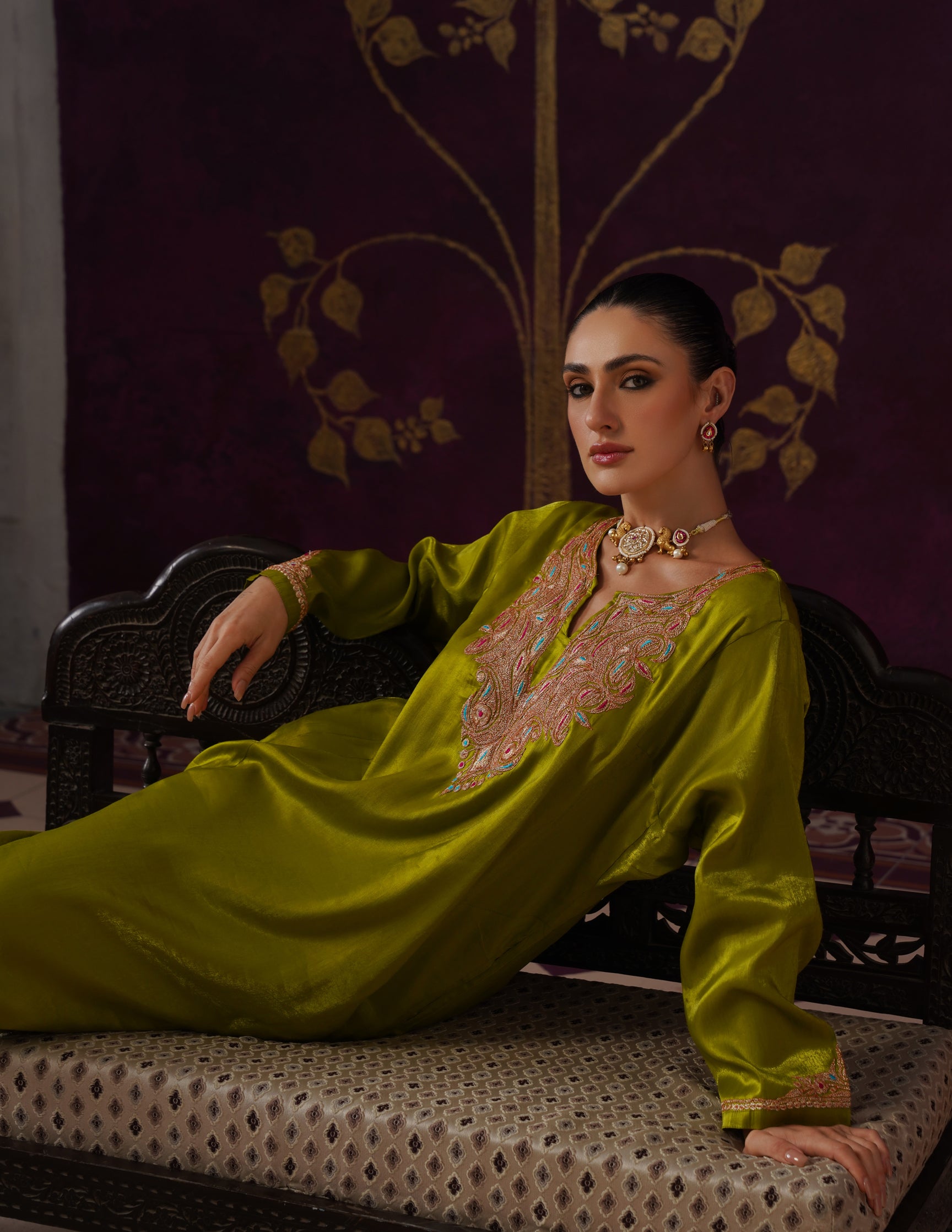 Kashmiri Tilla & Thread Embroidered Silk Phiran Set β Mustard Green