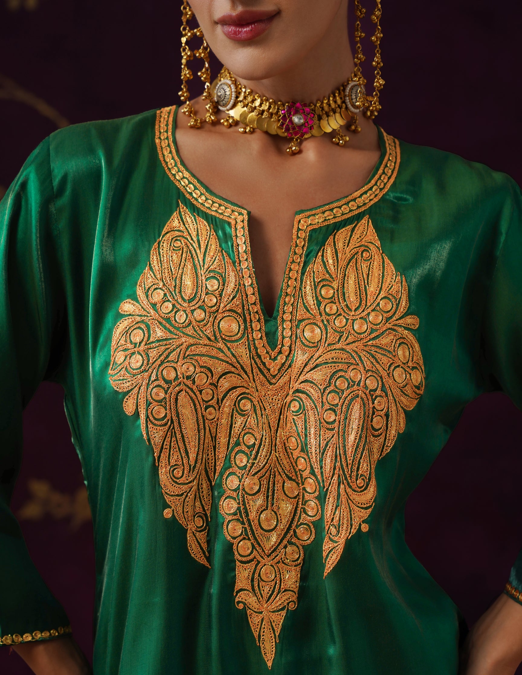 Kashmiri Tilla Embroidered Silk Co-ord Set – Bottle Green