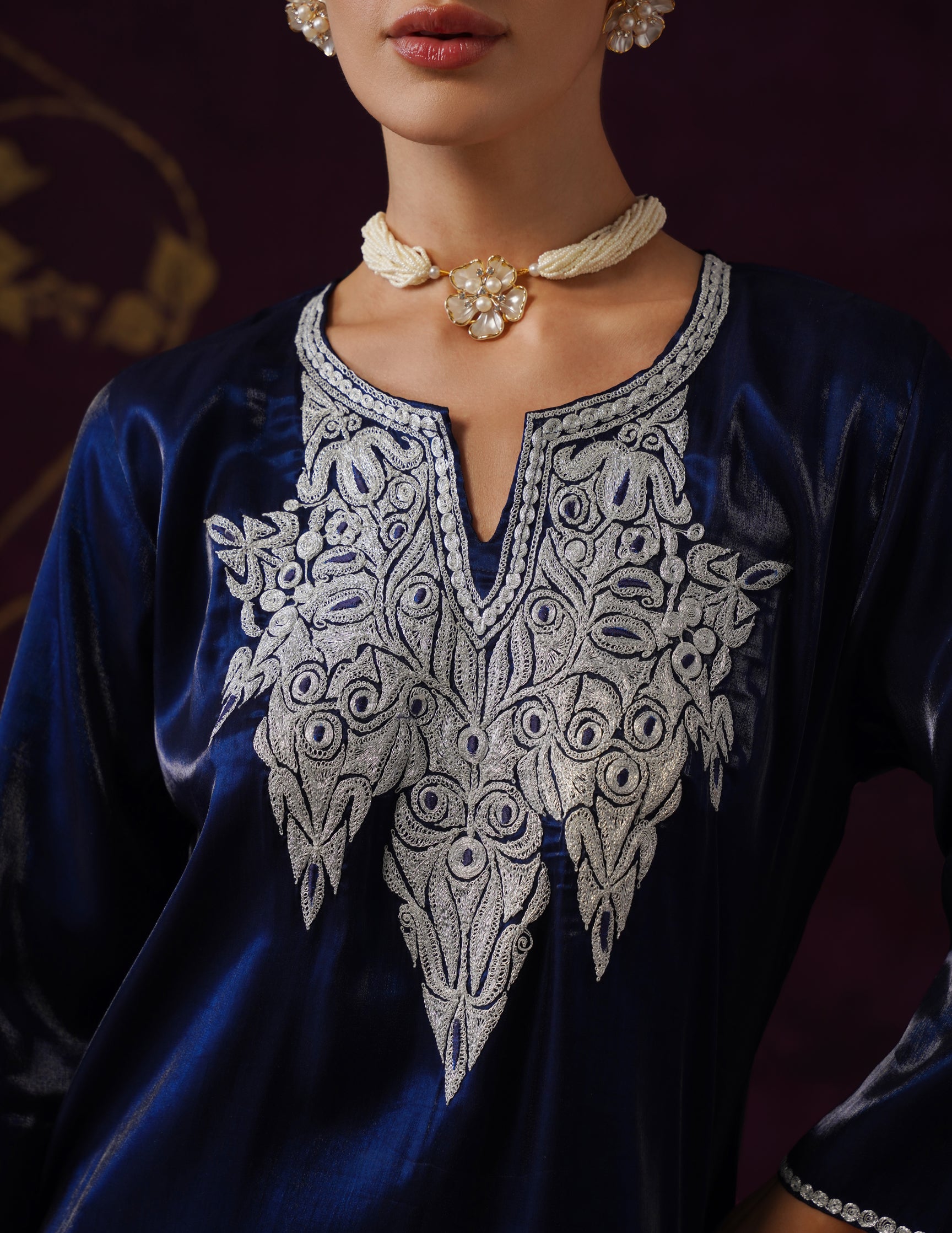 Kashmiri Tilla & Thread Embroidered Silk Co-ord Set β Midnight Blue
