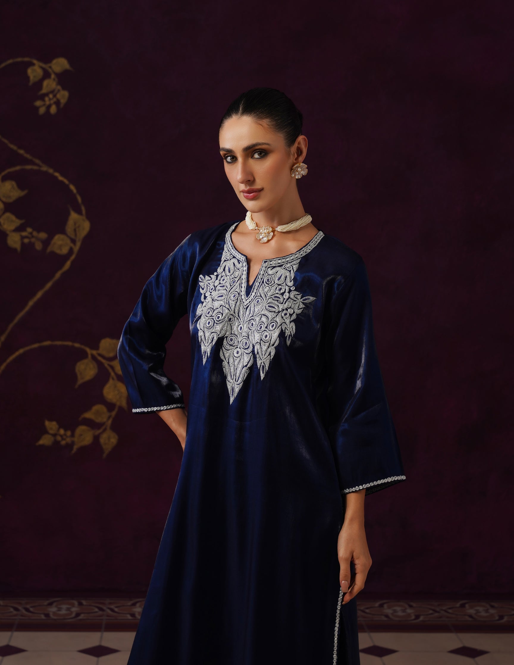 Kashmiri Tilla & Thread Embroidered Silk Co-ord Set β Midnight Blue