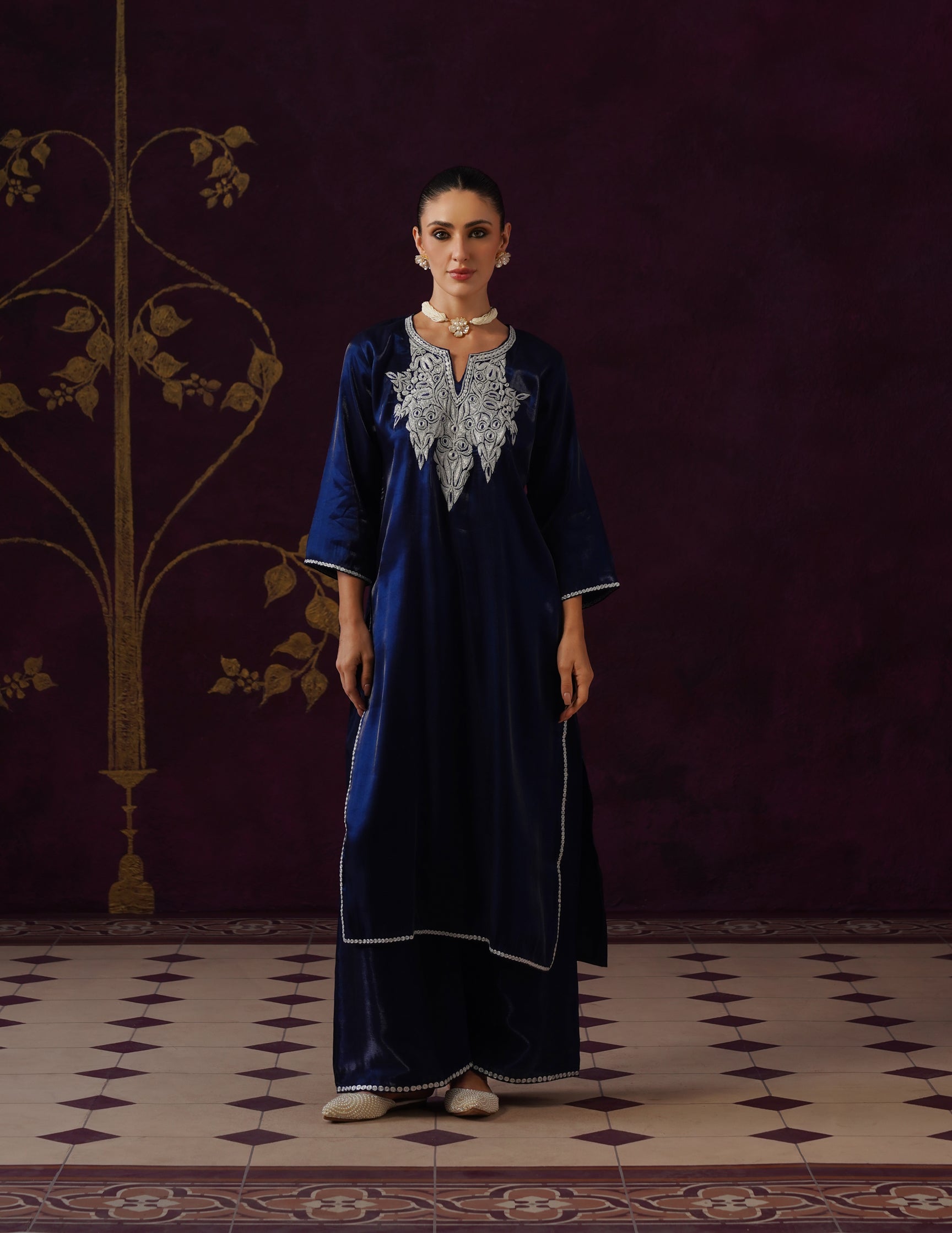 Kashmiri Tilla & Thread Embroidered Silk Co-ord Set β Midnight Blue