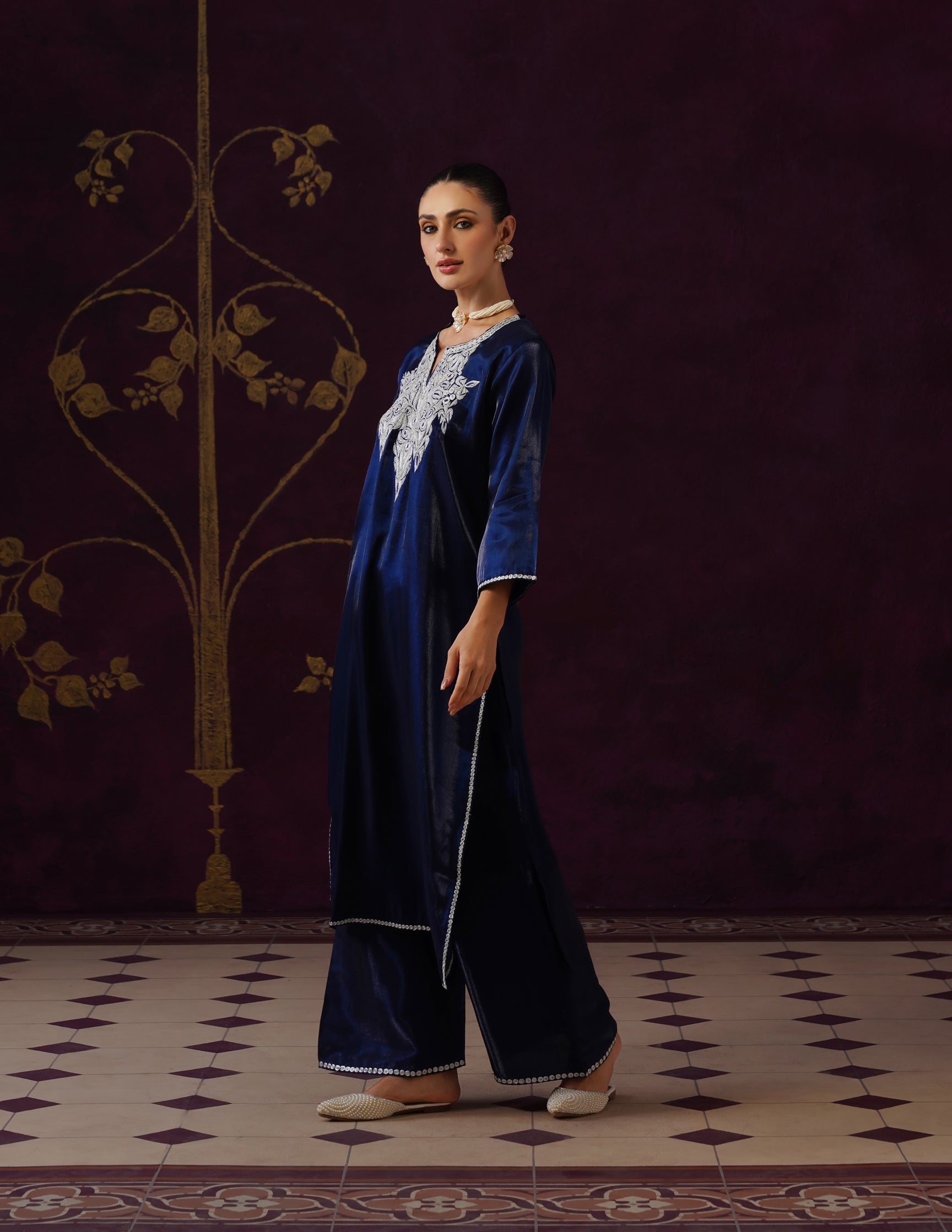 Kashmiri Tilla & Thread Embroidered Silk Co-ord Set β Midnight Blue