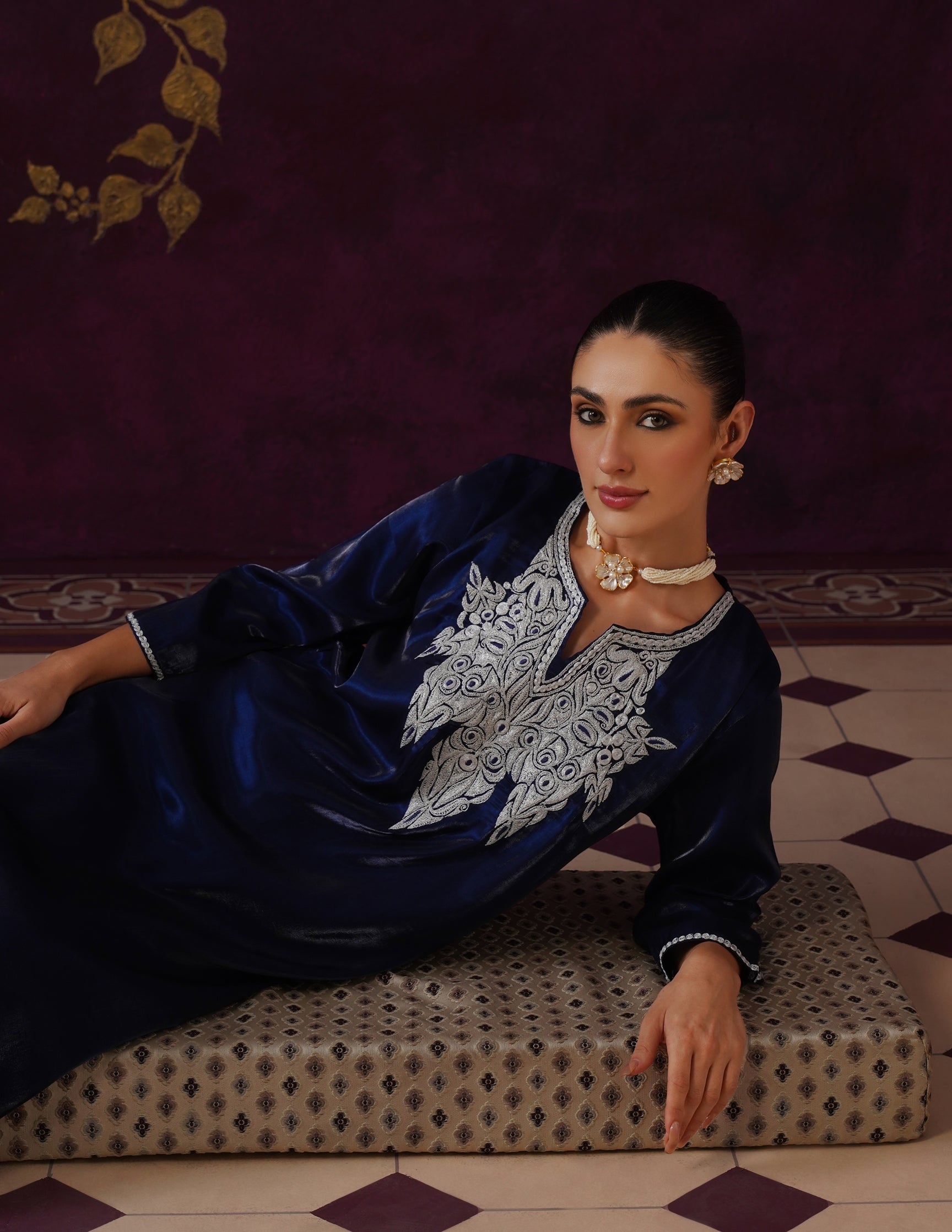 Kashmiri Tilla & Thread Embroidered Silk Co-ord Set β Midnight Blue