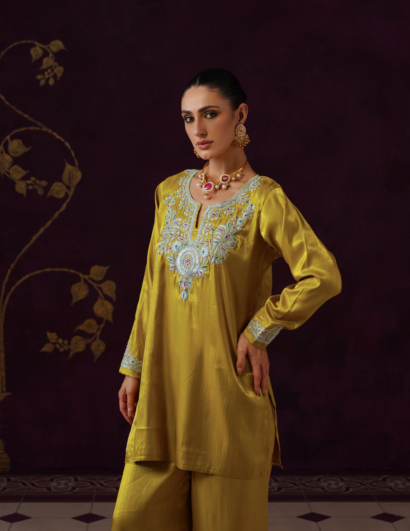 Kashmiri Tilla & Thread Embroidered Silk Co-ord Set β Mustard Yellow
