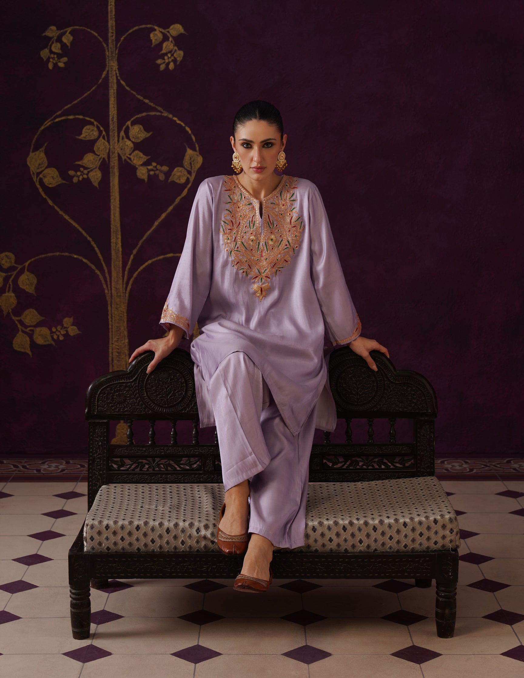 Kashmiri Tilla & Thread Embroidered Silk Co-ord Set – Dusty Lavender