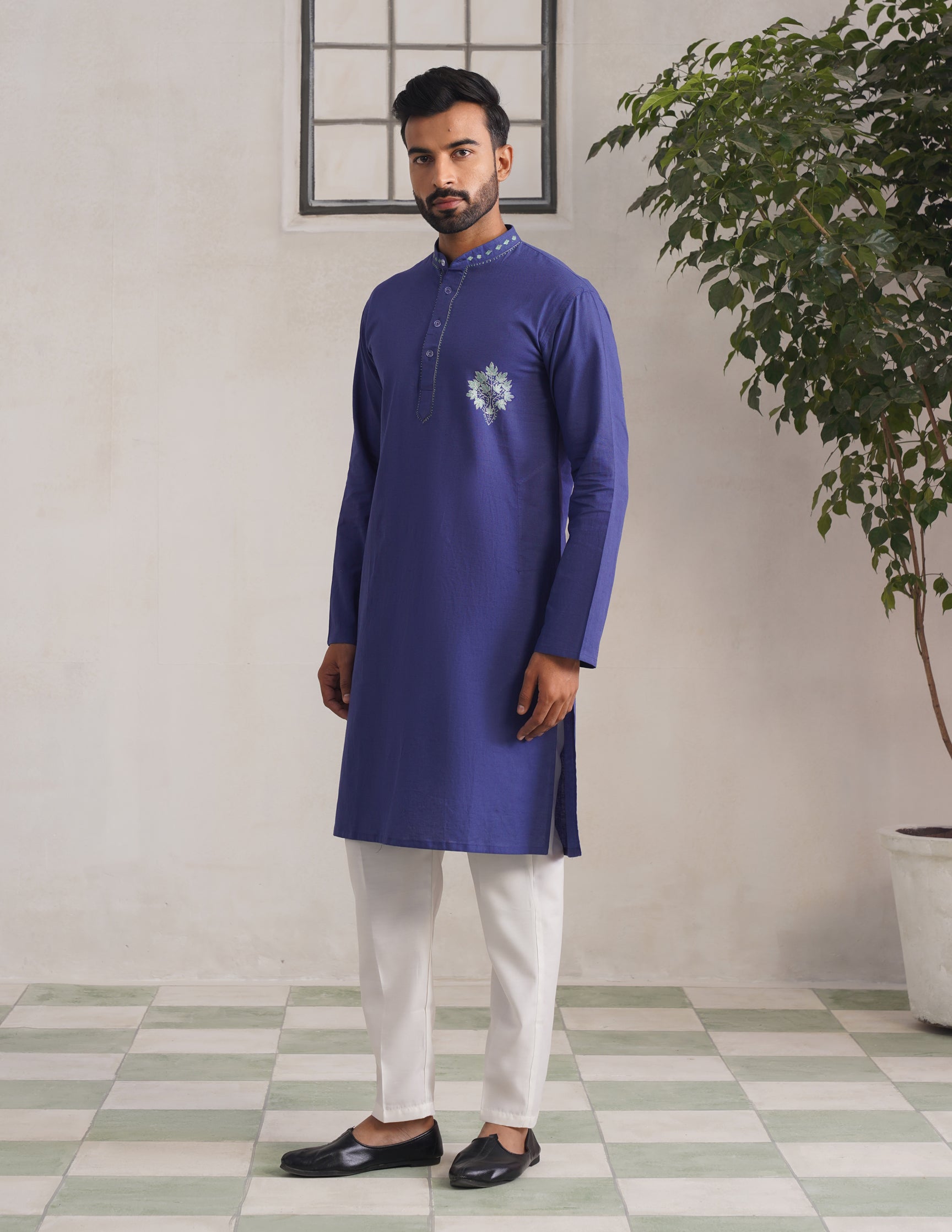 Kashmiri Sozni Chinar Motif Embroidered Linen Cotton Long Kurta β Blue | Handcrafted Heritage - Kashmir Box