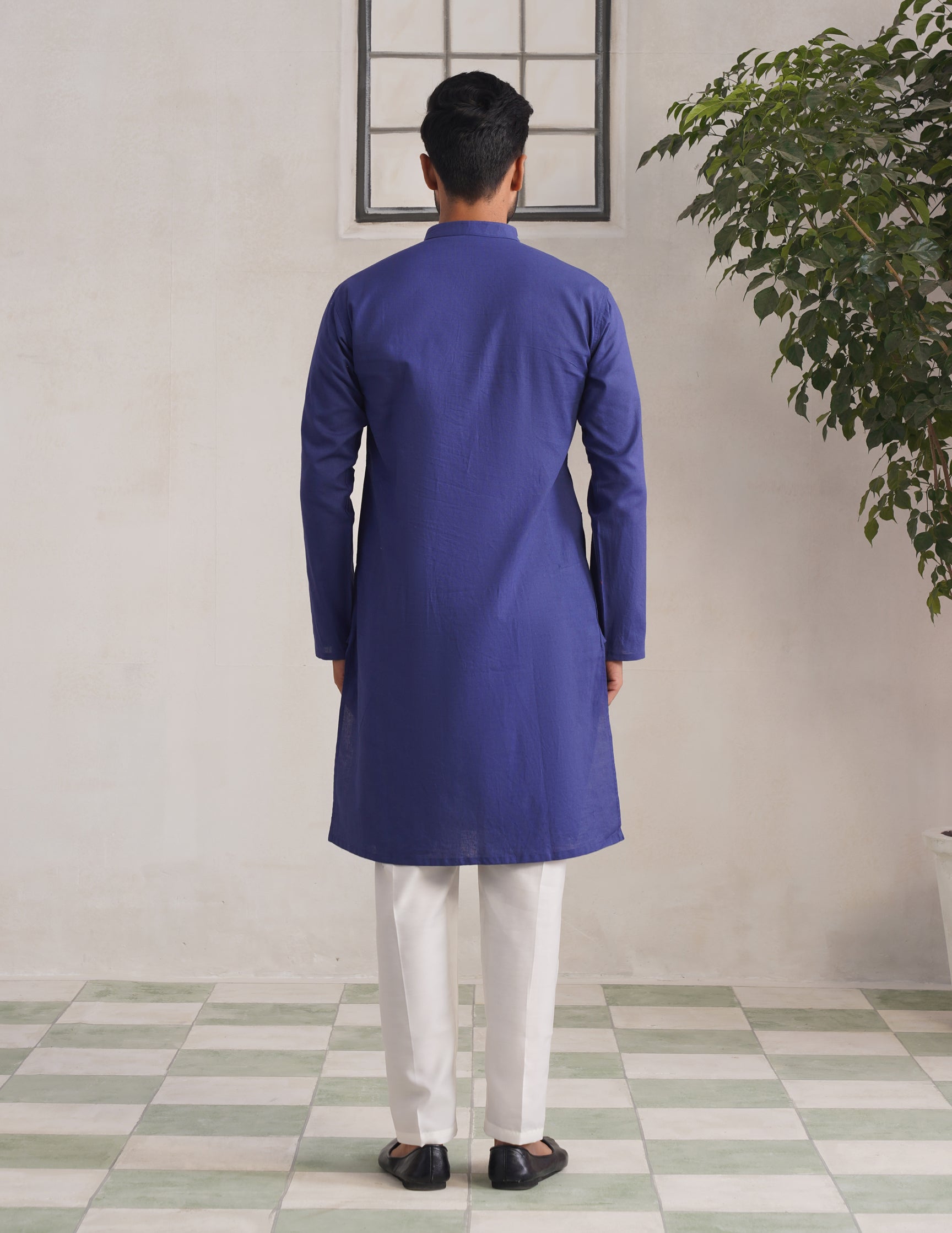 Kashmiri Sozni Chinar Motif Embroidered Linen Cotton Long Kurta β Blue | Handcrafted Heritage - Kashmir Box