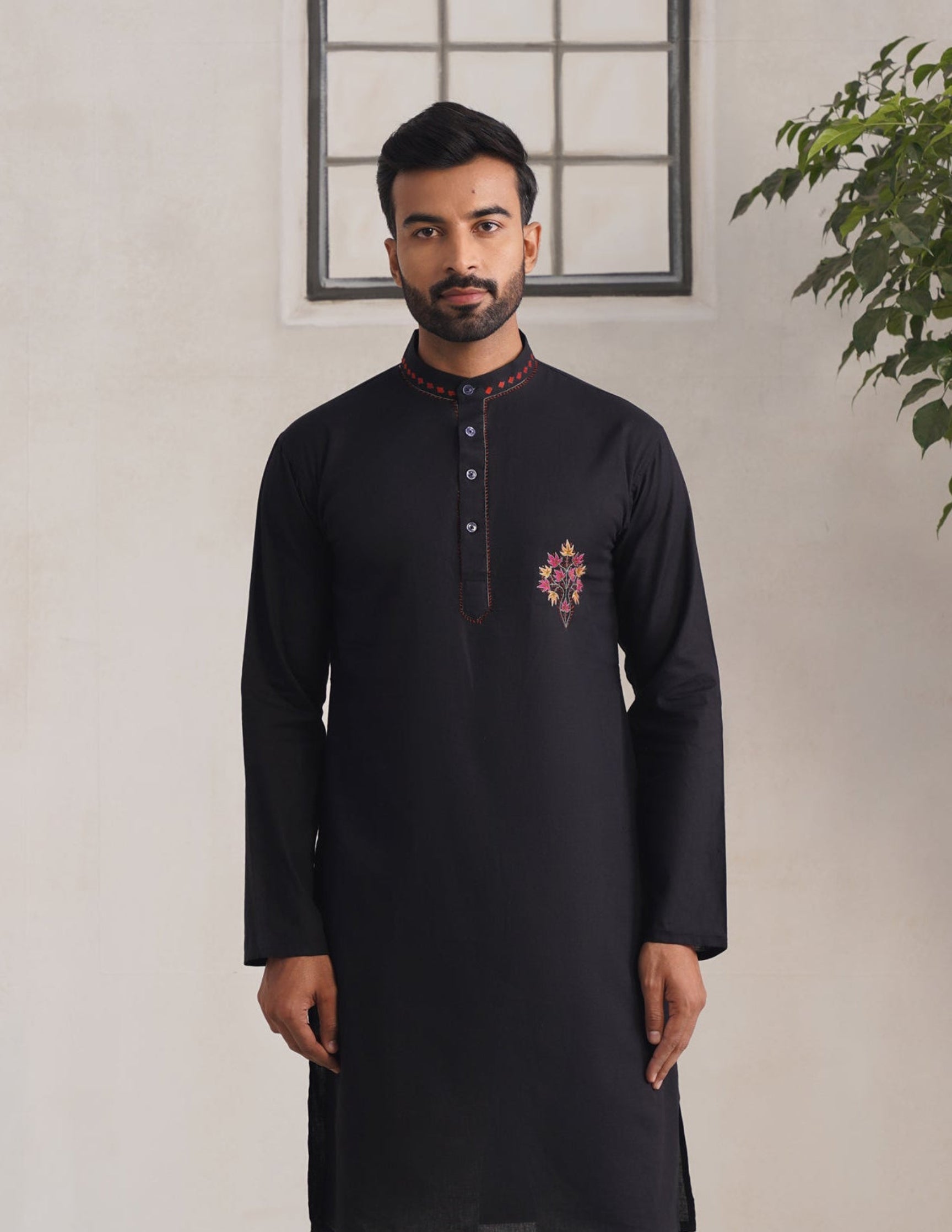 Kashmiri Sozni Multicolour Chinar Linen Cotton Long Kurta – Black | Handcrafted Heritage - Kashmir Box