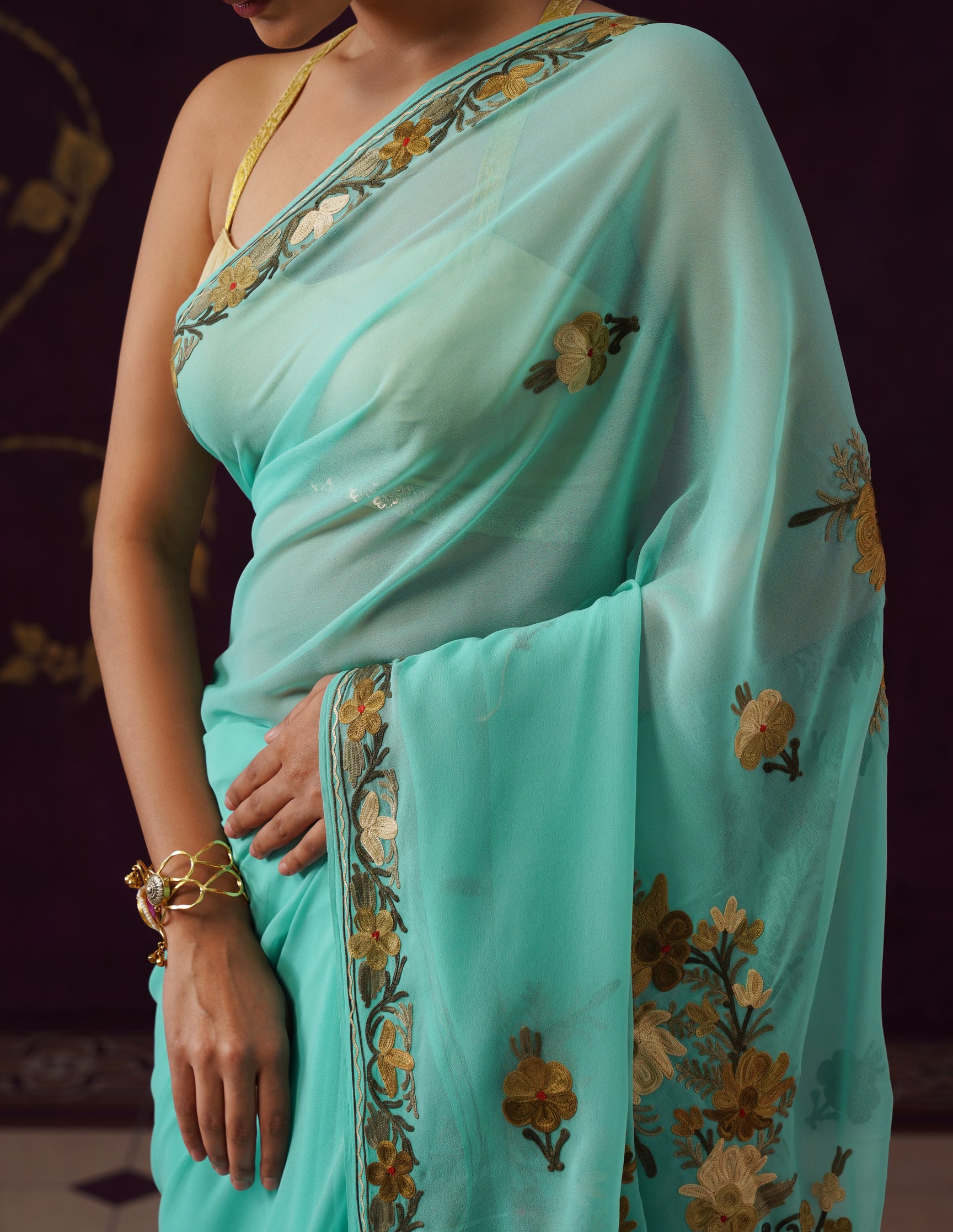 Kashmiri Aari Embroidered Georgette Saree – Turquoise