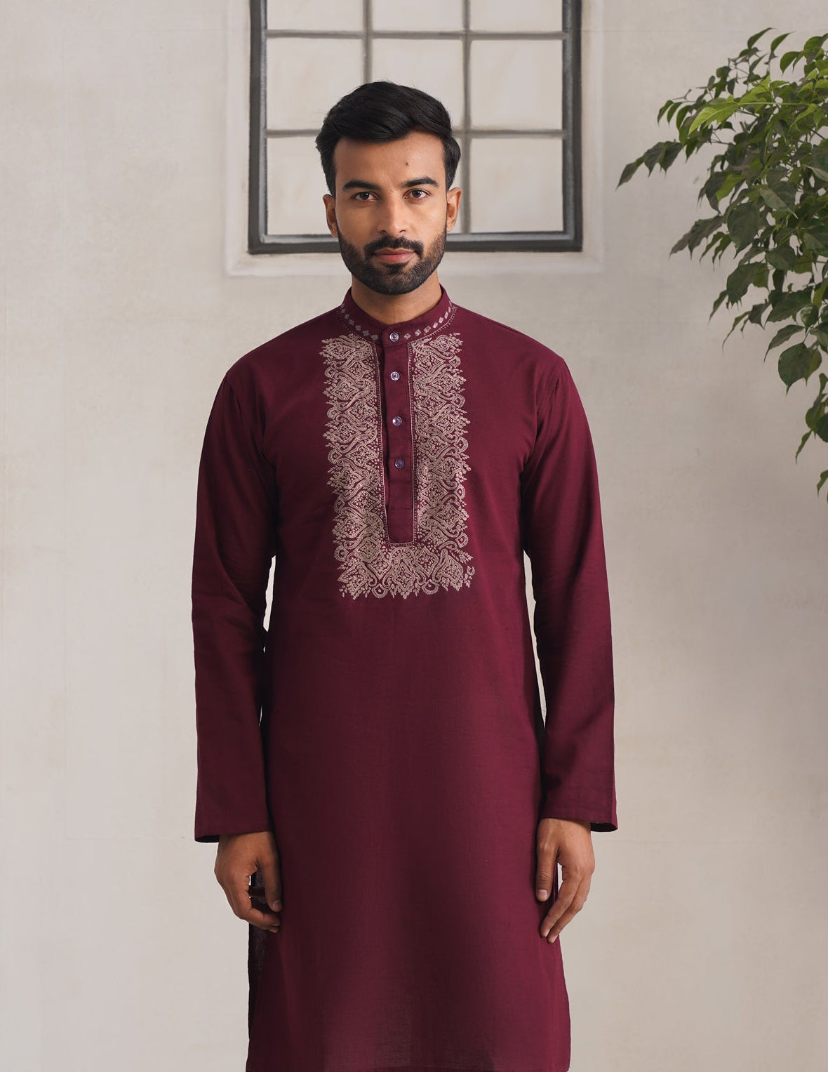 Kashmiri Sozni Embroidered Linen Cotton Long Kurta – Maroon | Handcrafted Heritage - Kashmir Box