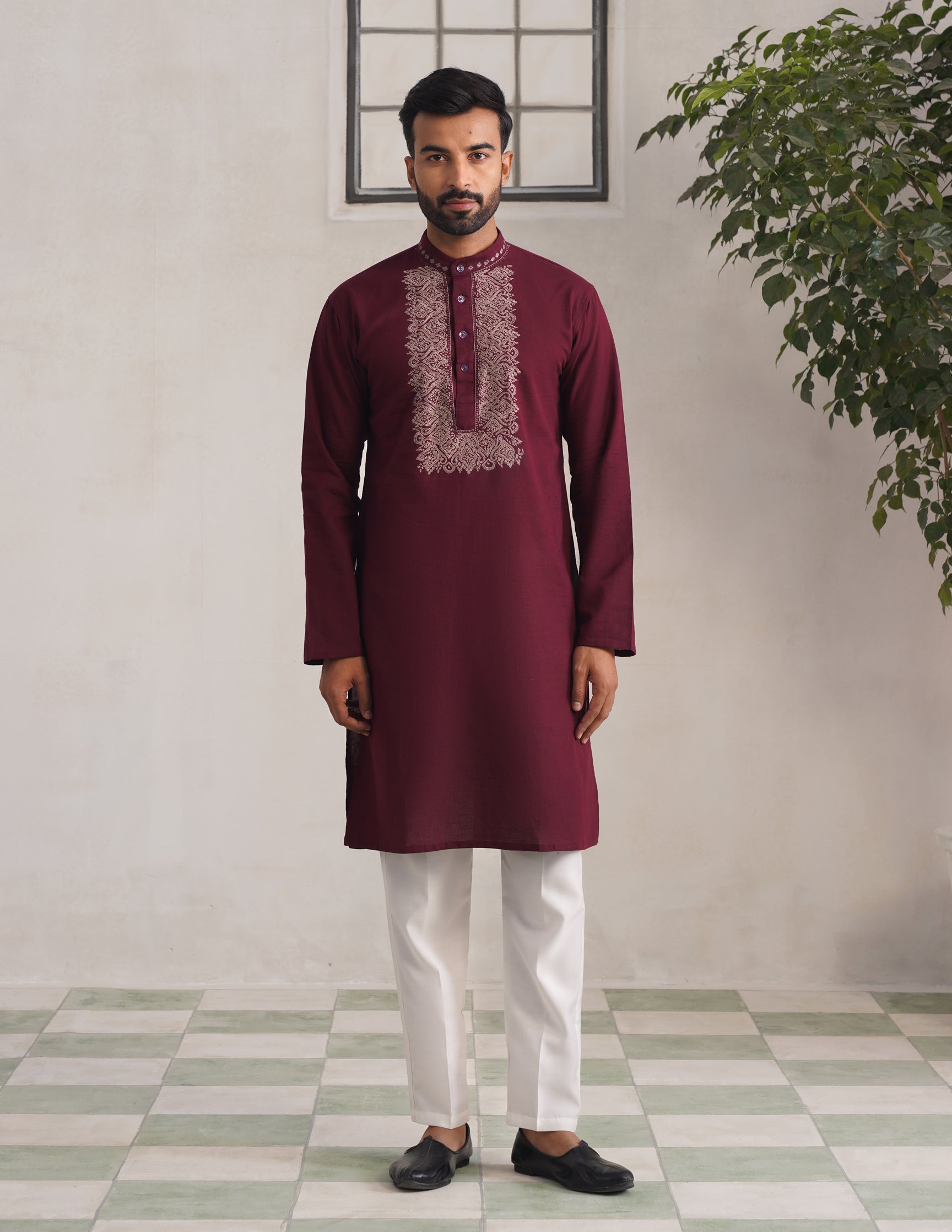 Kashmiri Sozni Embroidered Linen Cotton Long Kurta – Maroon | Handcrafted Heritage - Kashmir Box