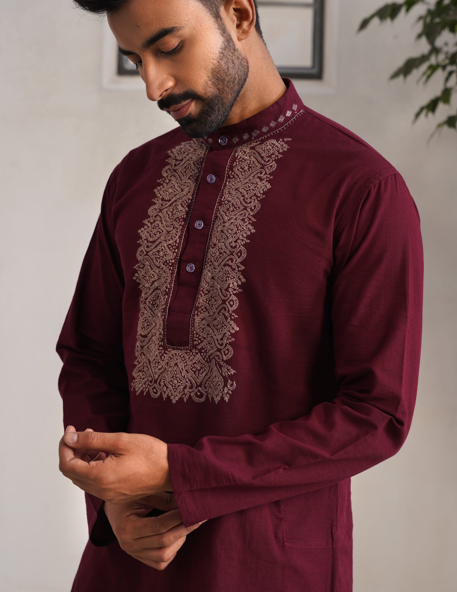 Kashmiri Sozni Embroidered Linen Cotton Long Kurta – Maroon | Handcrafted Heritage - Kashmir Box