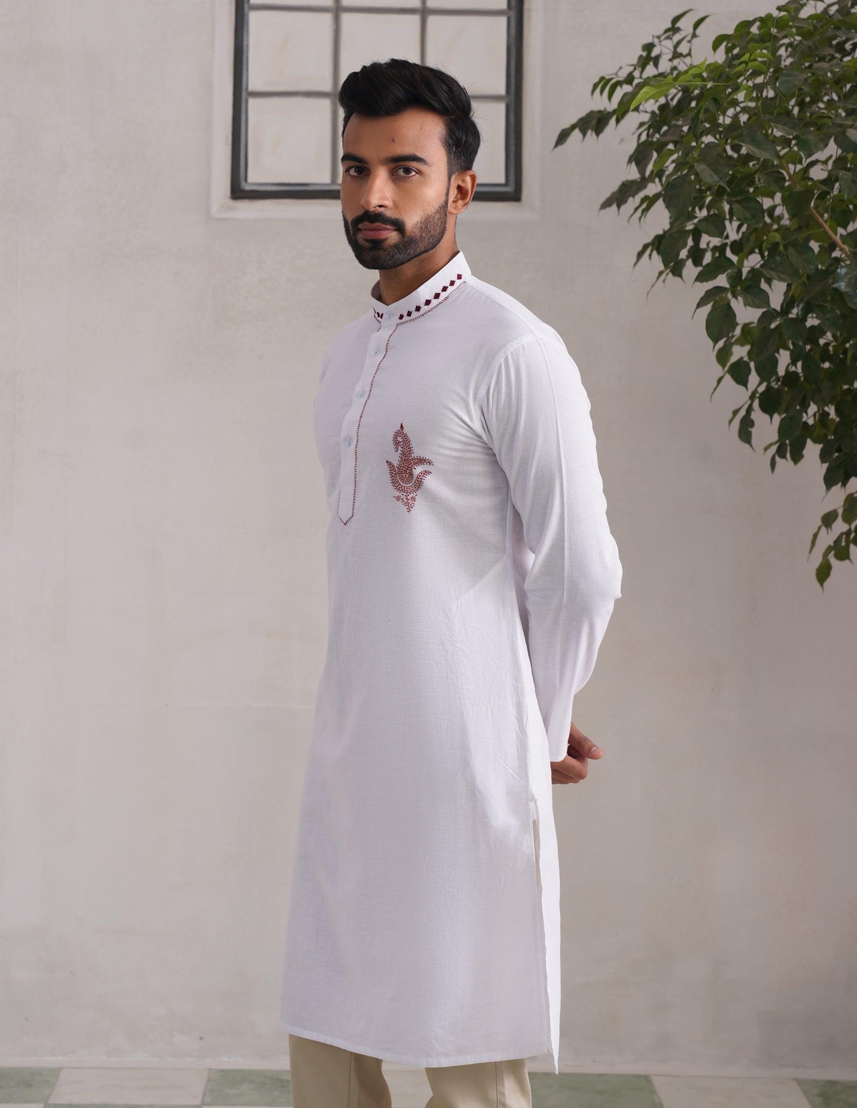 Kashmiri Sozni Paisley Embroidered Linen Cotton Long Kurta – White | Handcrafted Heritage - Kashmir Box