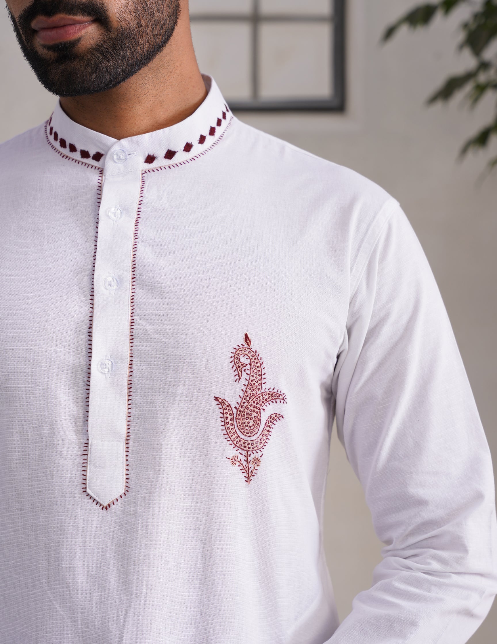 Kashmiri Sozni Paisley Embroidered Linen Cotton Long Kurta – White | Handcrafted Heritage - Kashmir Box