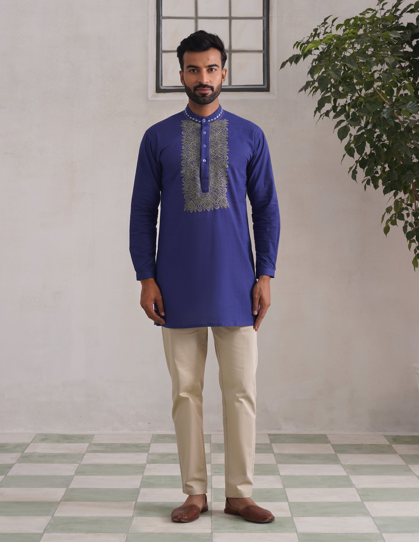 Kashmiri Sozni Embroidered Linen Cotton Short Kurta – Blue | Handcrafted Heritage - Kashmir Box