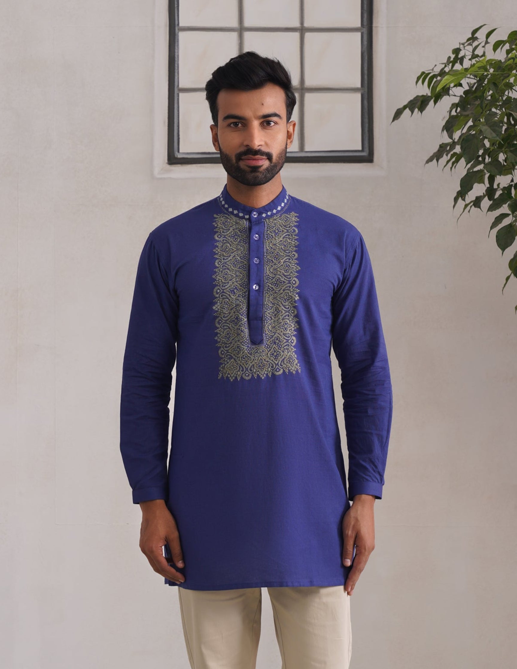 Kashmiri Sozni Embroidered Linen Cotton Short Kurta – Blue | Handcrafted Heritage - Kashmir Box