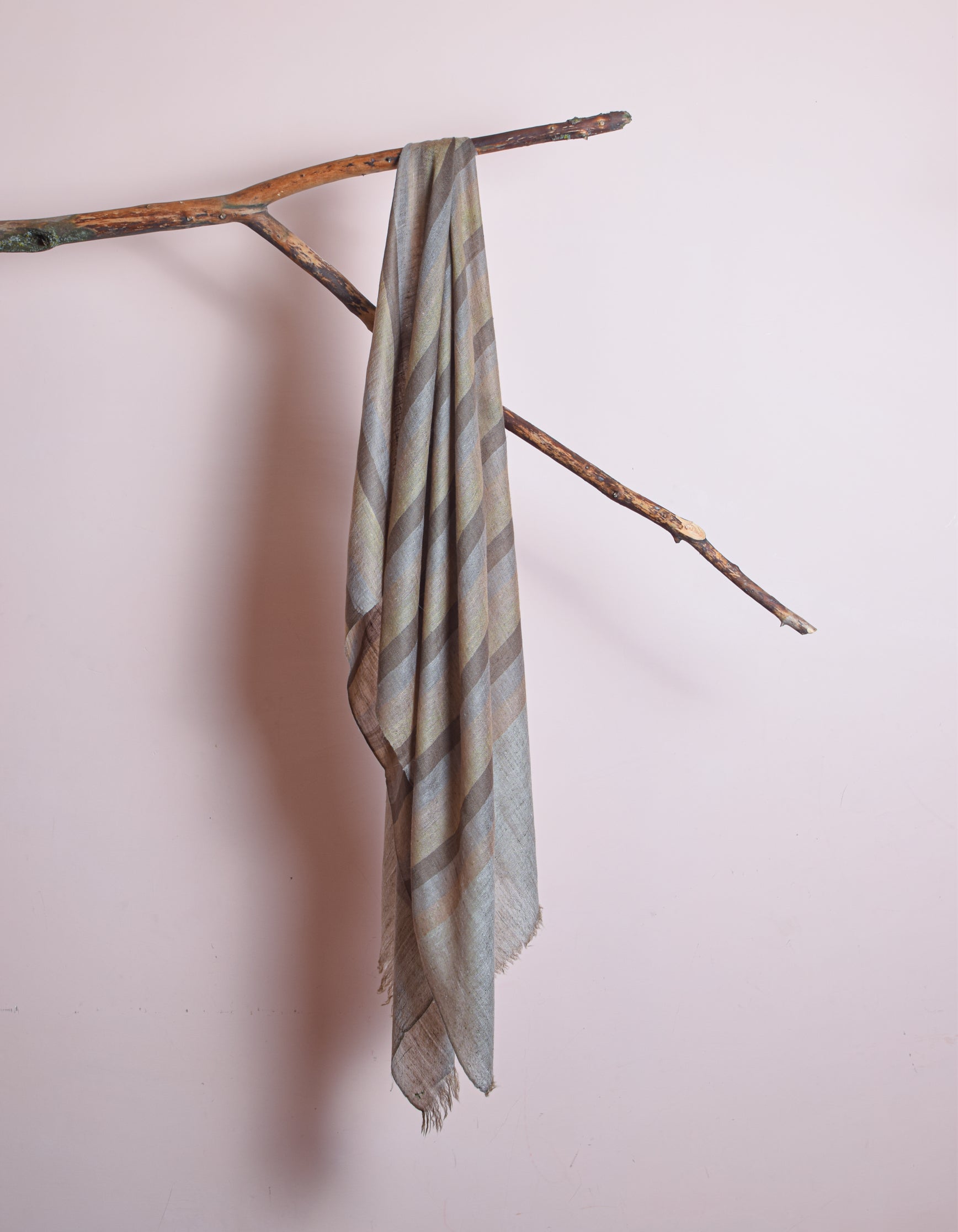 Olive Grey Striped Handwoven Cashmere Pashmina Stole - Kashmir Box