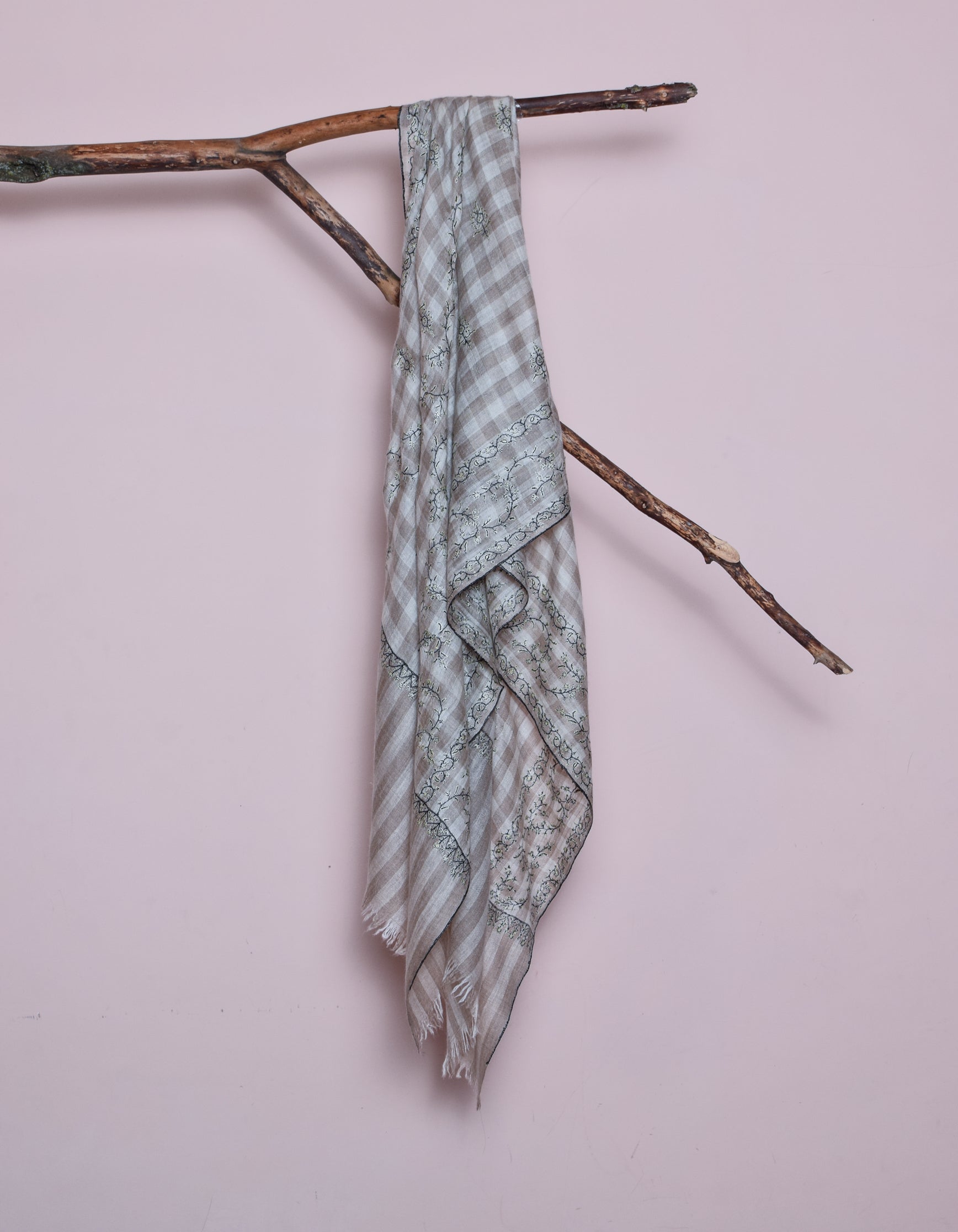 Modern Cream Cavern Brown Check Handwoven Sozni Embroidered Cashmere Pashmina Stole - Kashmir Box