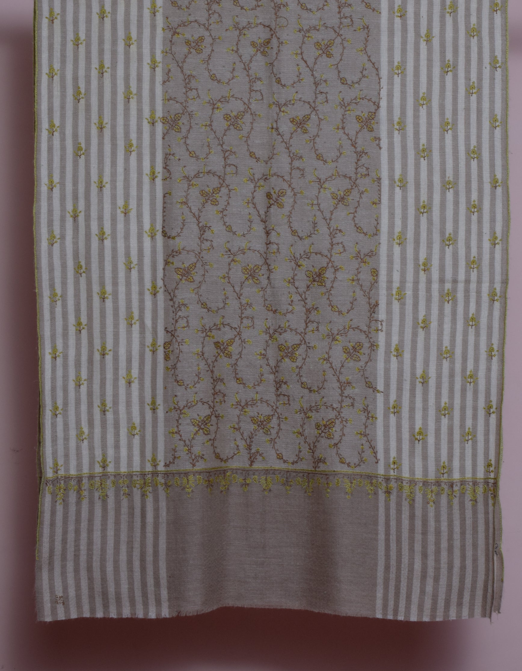 Light Olive Grey Stripes n Solid Handwoven Sozni Embroidered Cashmere Pashmina Stole - Kashmir Box