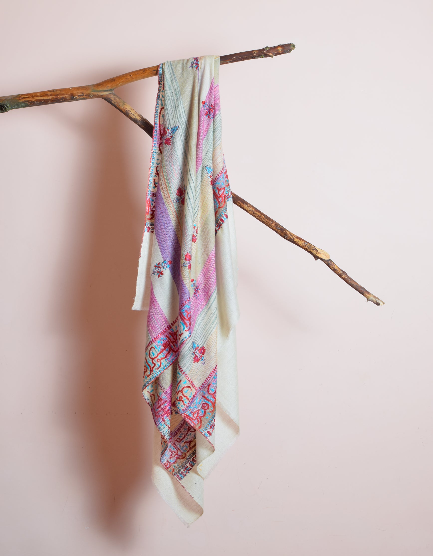 Natural Cream Handwoven Arabic calligraphy Embroidered Cashmere Pashmina Shawl - Kashmir Box