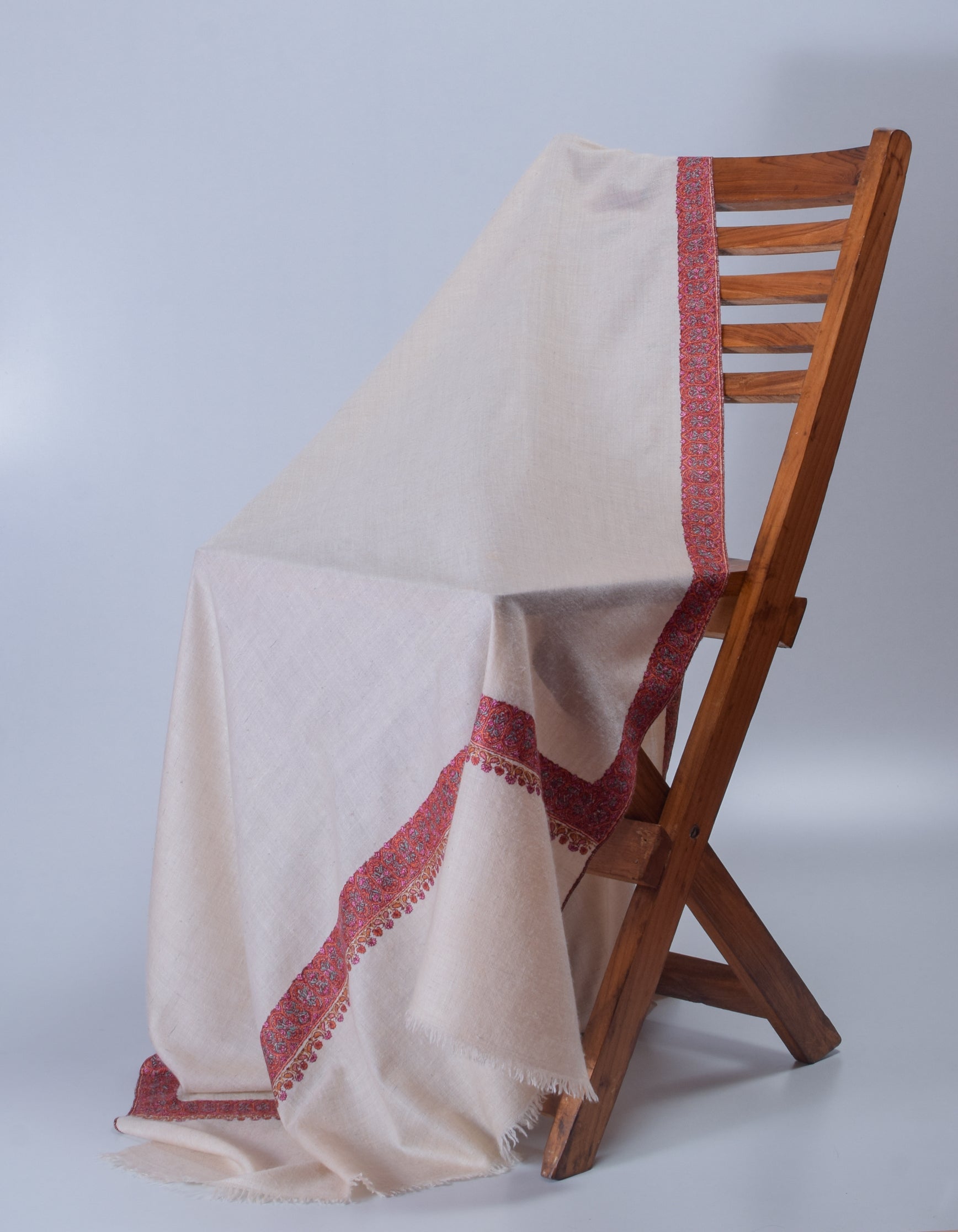 Natural Light Beige Handwoven Sozni Border Embroidered Cashmere Pashmina Shawl - Kashmir Box