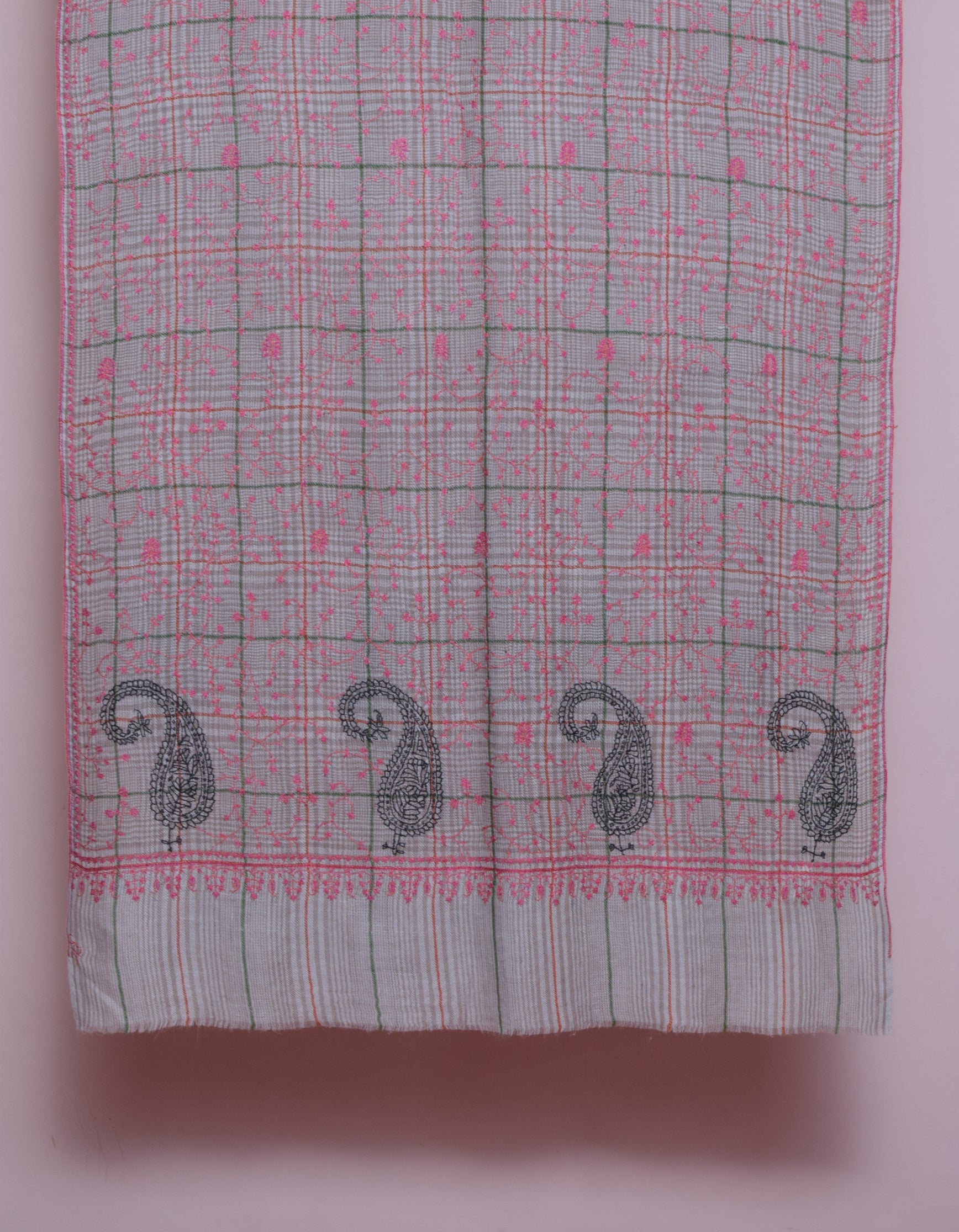 Cream Brown Check stripes Handwoven Sozni Embroidered Cashmere Pashmina Stole - Kashmir Box