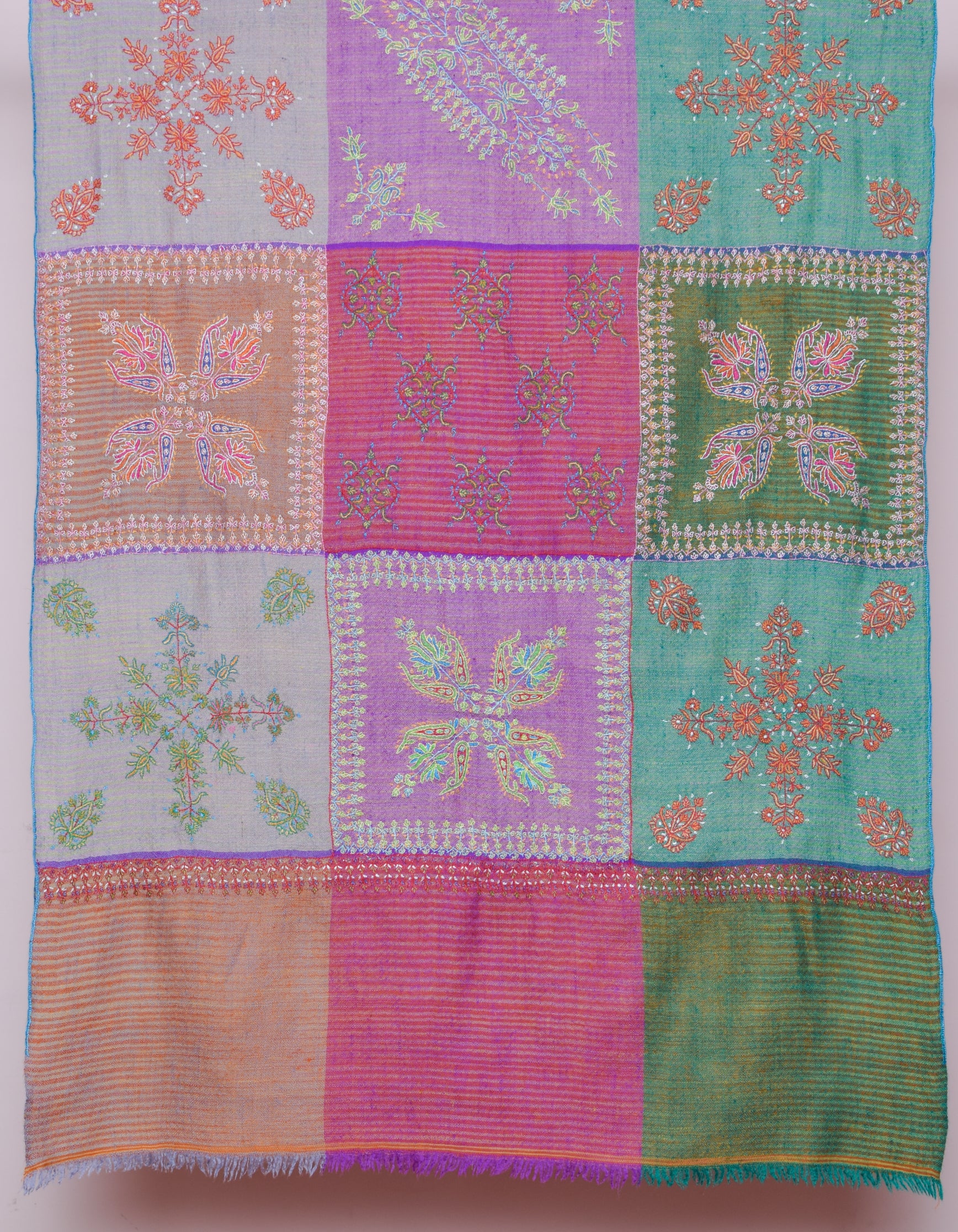 Modern Multi-Pattern Squares Handwoven Embroidered Cashmere Pashmina Stole - Kashmir Box