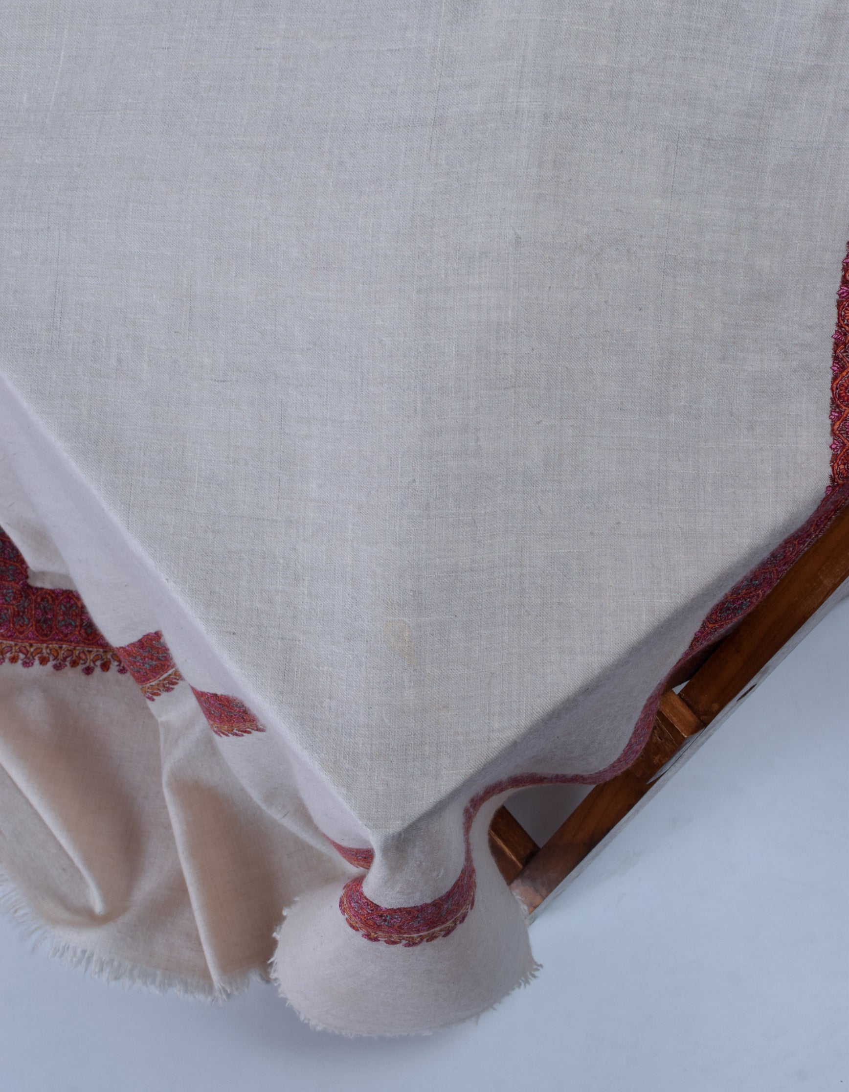 Natural Light Beige Handwoven Sozni Border Embroidered Cashmere Pashmina Shawl - Kashmir Box
