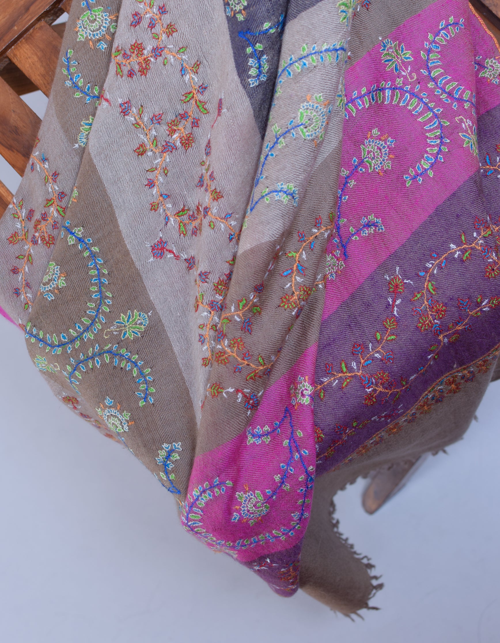 Modern Multi-Pattern Coloured Stripes Handwoven Embroidered Cashmere Pashmina Stole - Kashmir Box