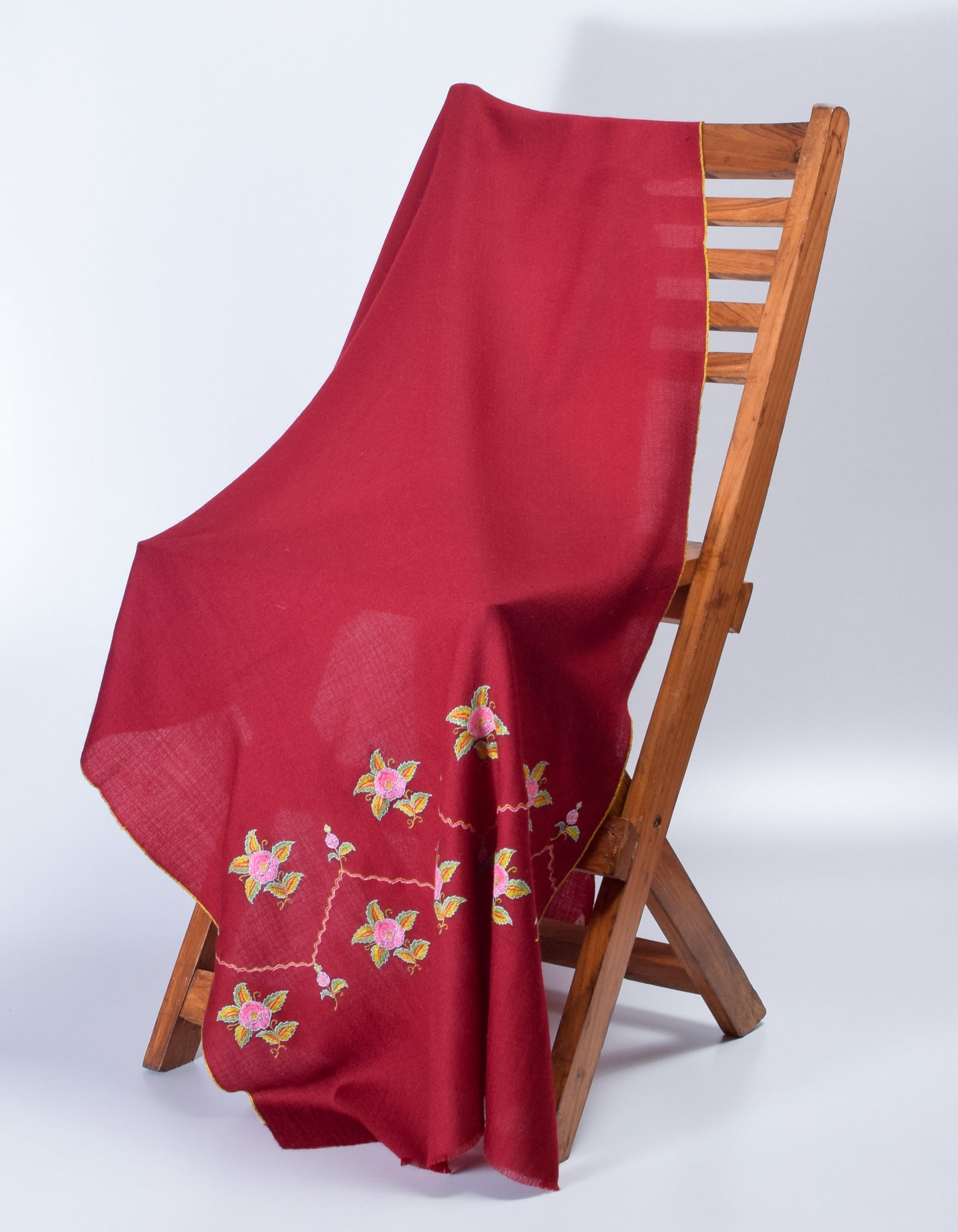 Deep Maroon Handwoven Border Palla Embroidered Cashmere Pashmina Stole - Kashmir Box