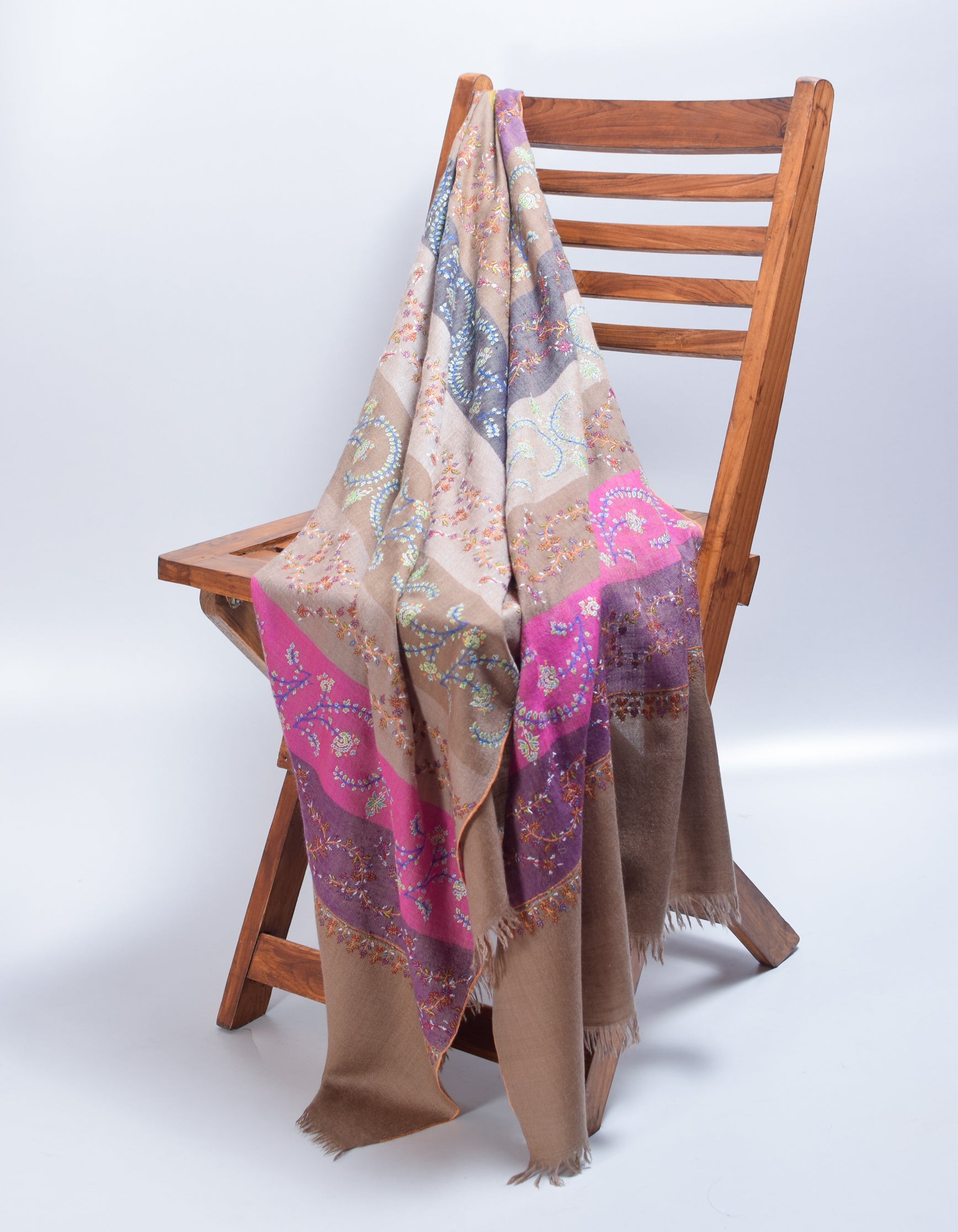 Modern Multi-Pattern Coloured Stripes Handwoven Embroidered Cashmere Pashmina Stole - Kashmir Box