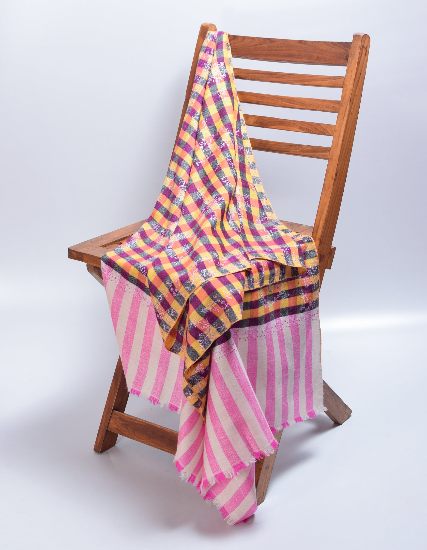 Modern Royal Check Multi-Pattern Handwoven Embroidered Cashmere Pashmina Stole - Kashmir Box