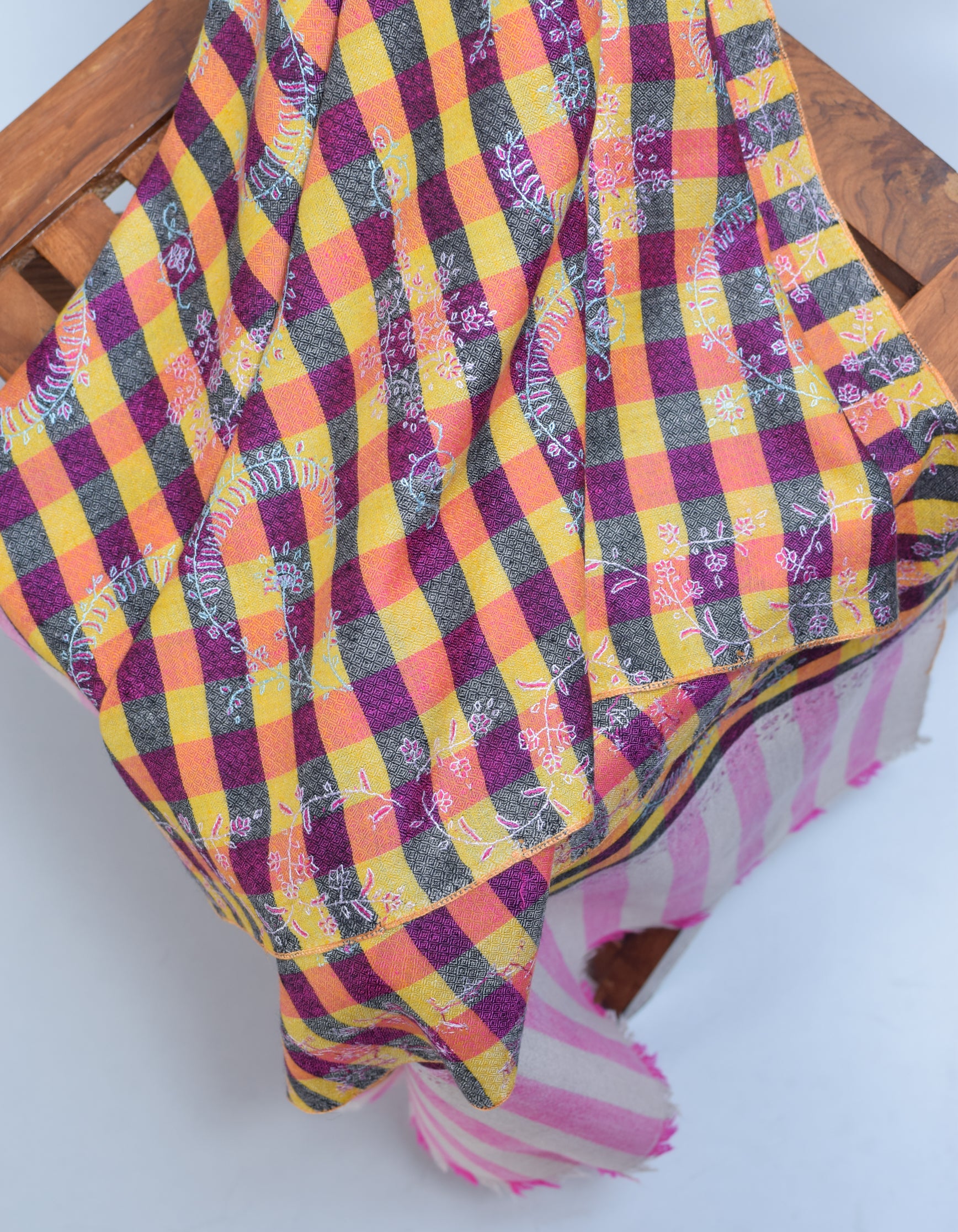 Modern Royal Check Multi-Pattern Handwoven Embroidered Cashmere Pashmina Stole - Kashmir Box