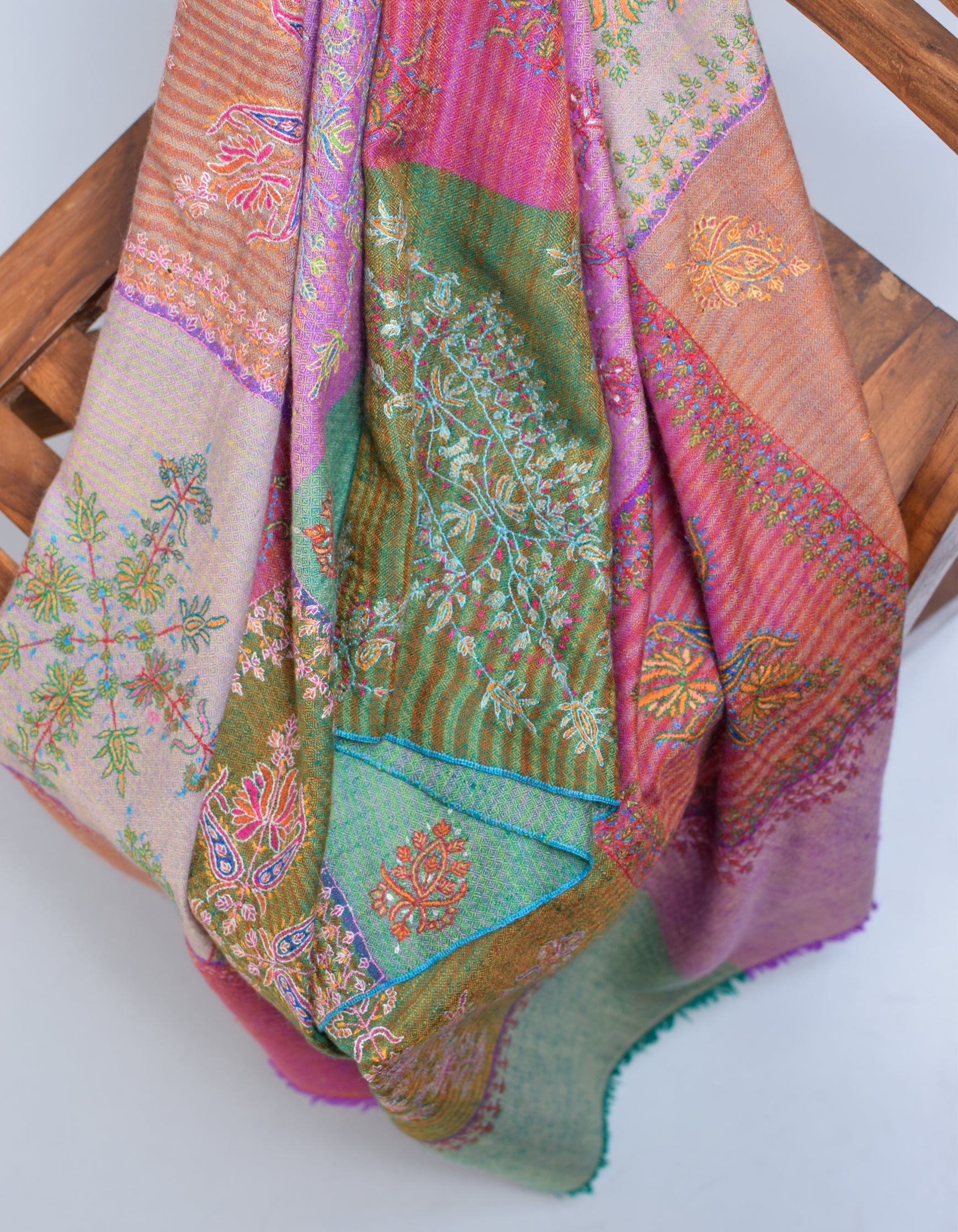 Modern Multi-Pattern Squares Handwoven Embroidered Cashmere Pashmina Stole - Kashmir Box
