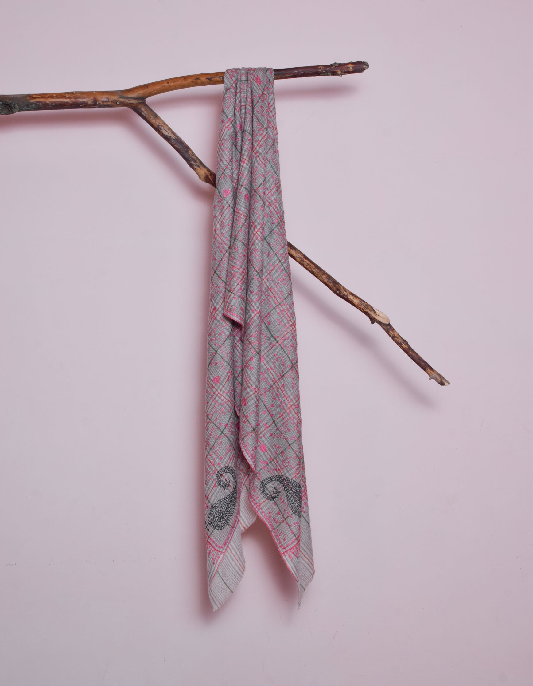 Cream Brown Check stripes Handwoven Sozni Embroidered Cashmere Pashmina Stole - Kashmir Box