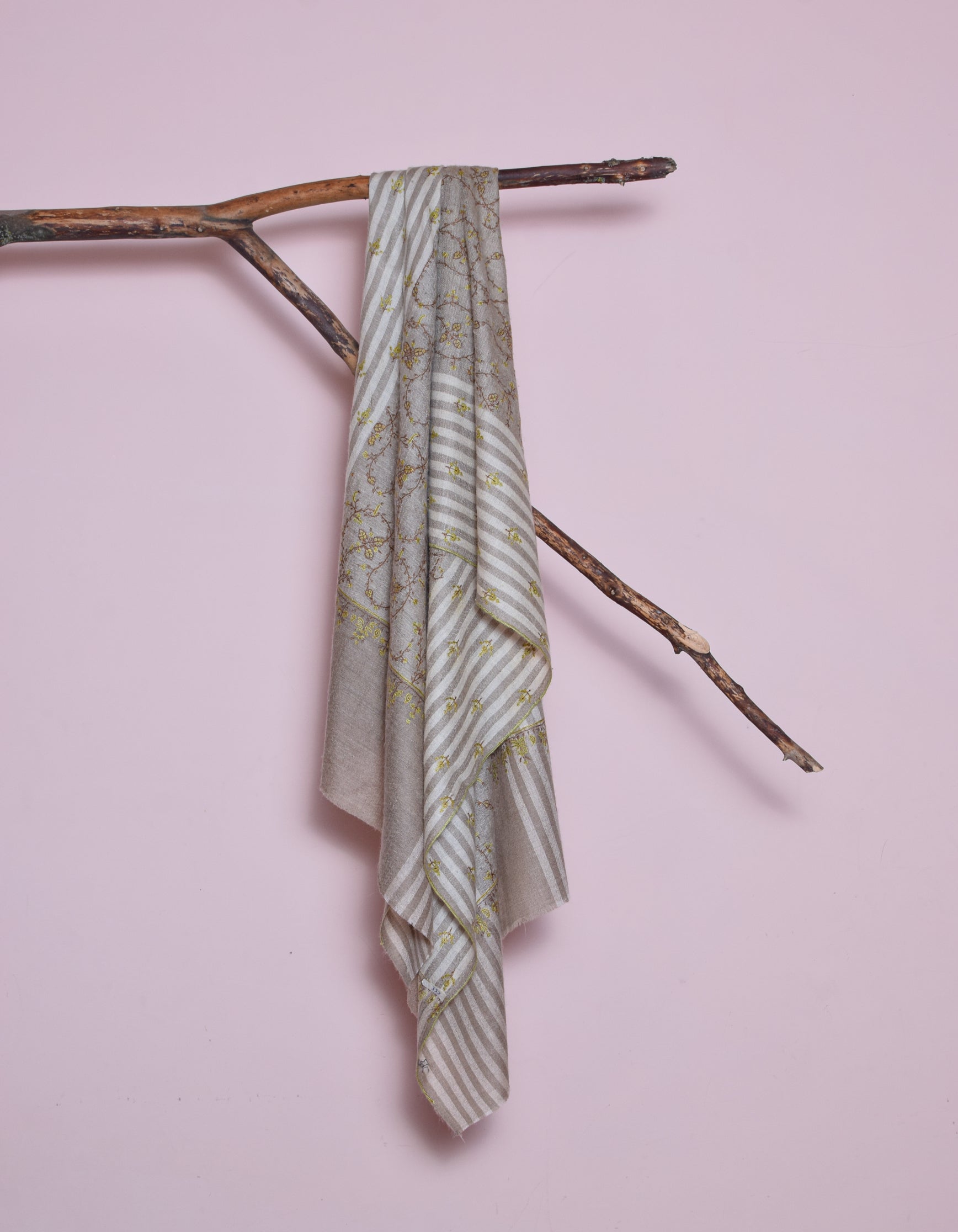 Light Olive Grey Stripes n Solid Handwoven Sozni Embroidered Cashmere Pashmina Stole - Kashmir Box