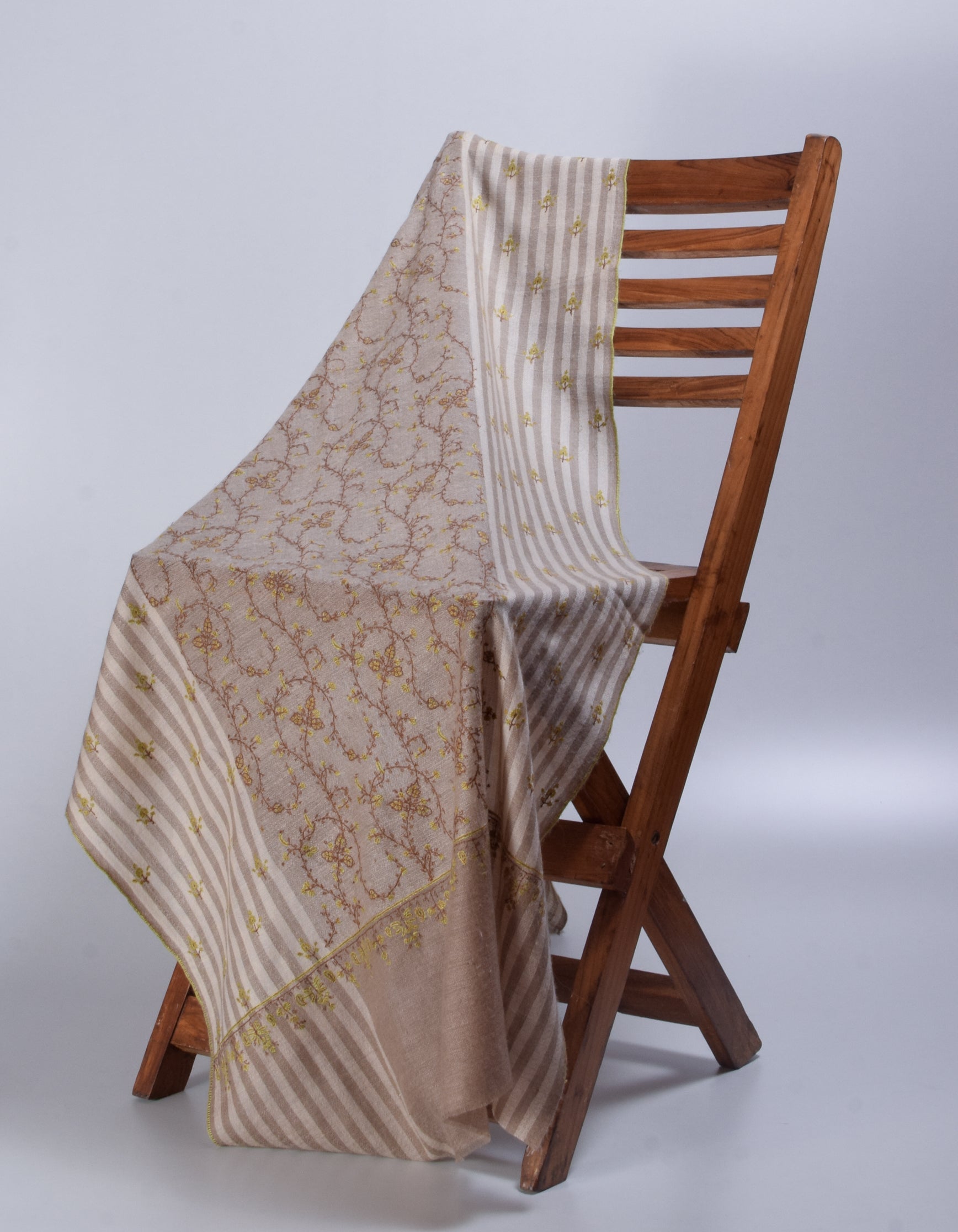 Light Olive Grey Stripes n Solid Handwoven Sozni Embroidered Cashmere Pashmina Stole - Kashmir Box