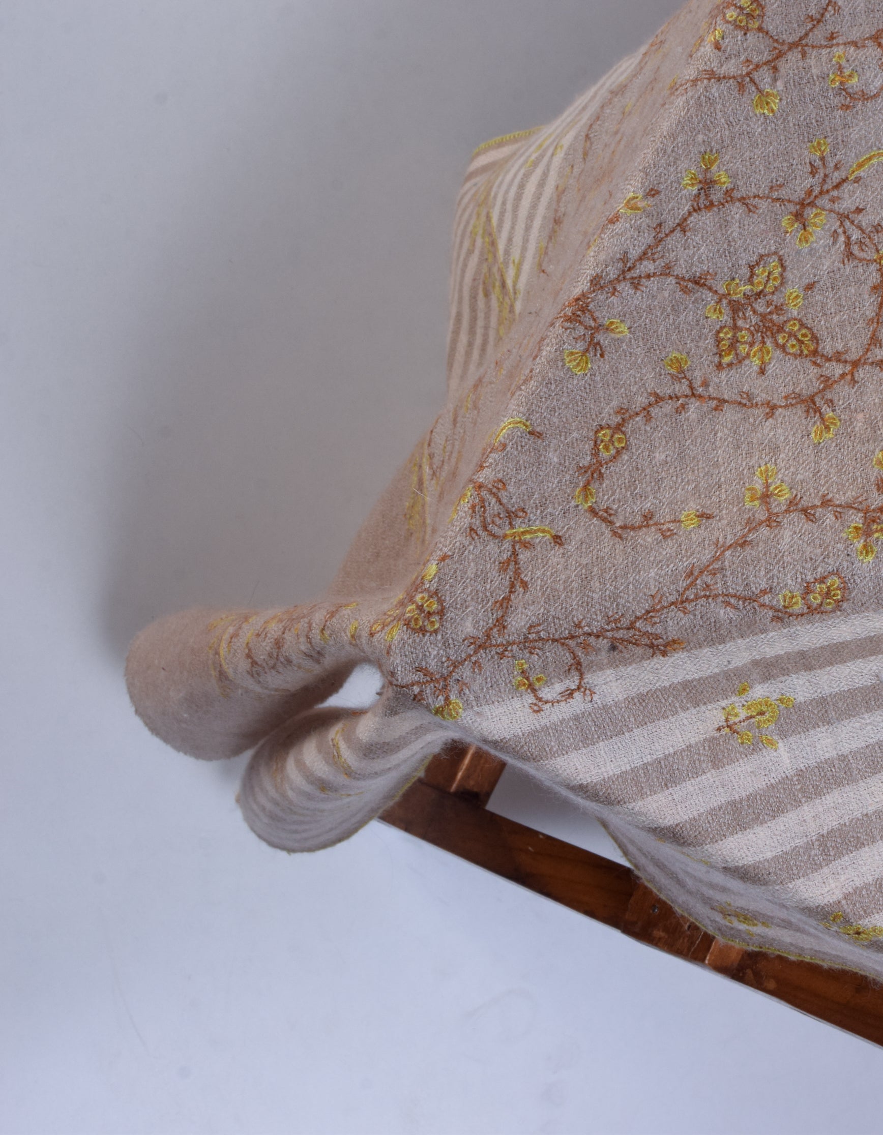 Light Olive Grey Stripes n Solid Handwoven Sozni Embroidered Cashmere Pashmina Stole - Kashmir Box