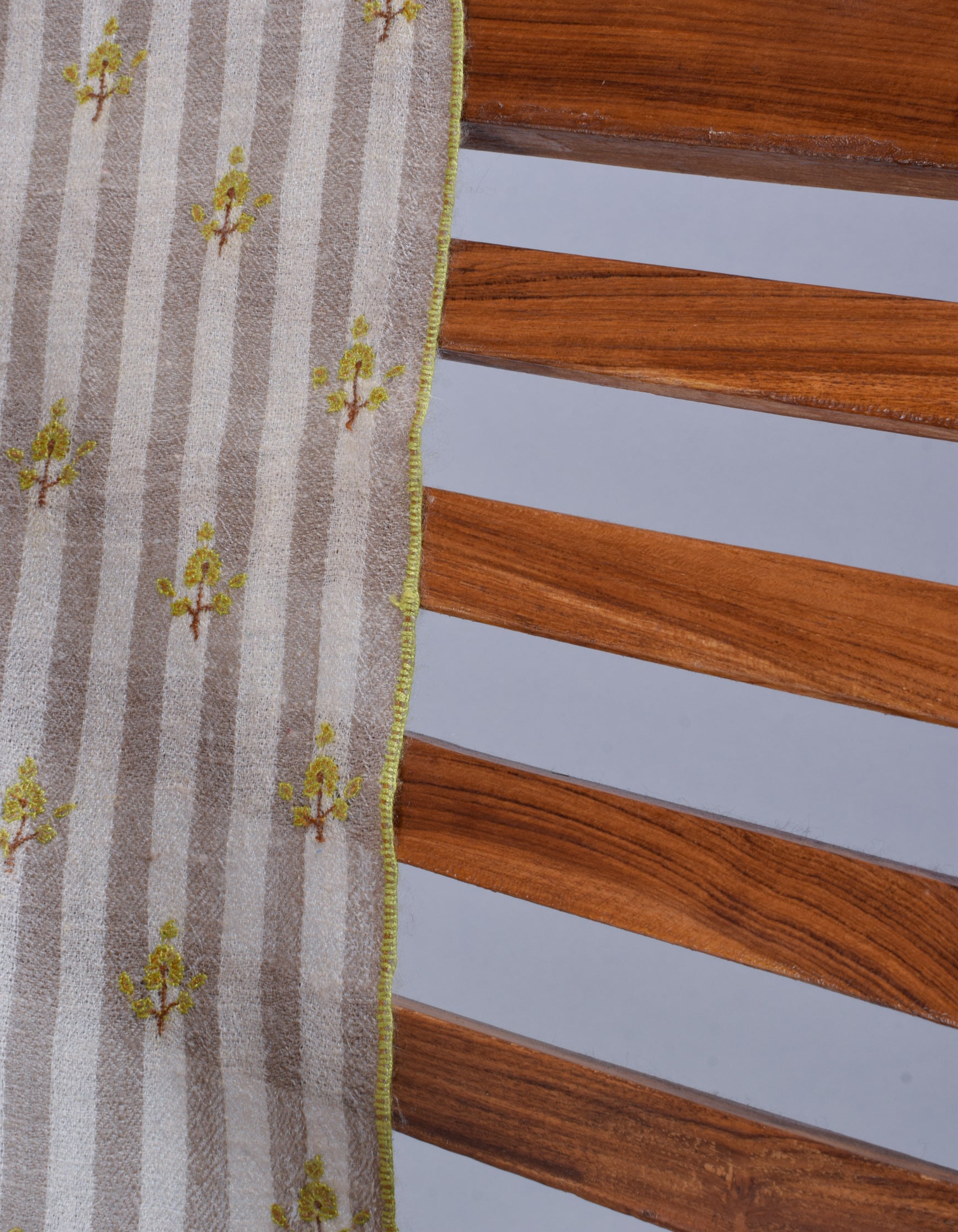 Light Olive Grey Stripes n Solid Handwoven Sozni Embroidered Cashmere Pashmina Stole - Kashmir Box