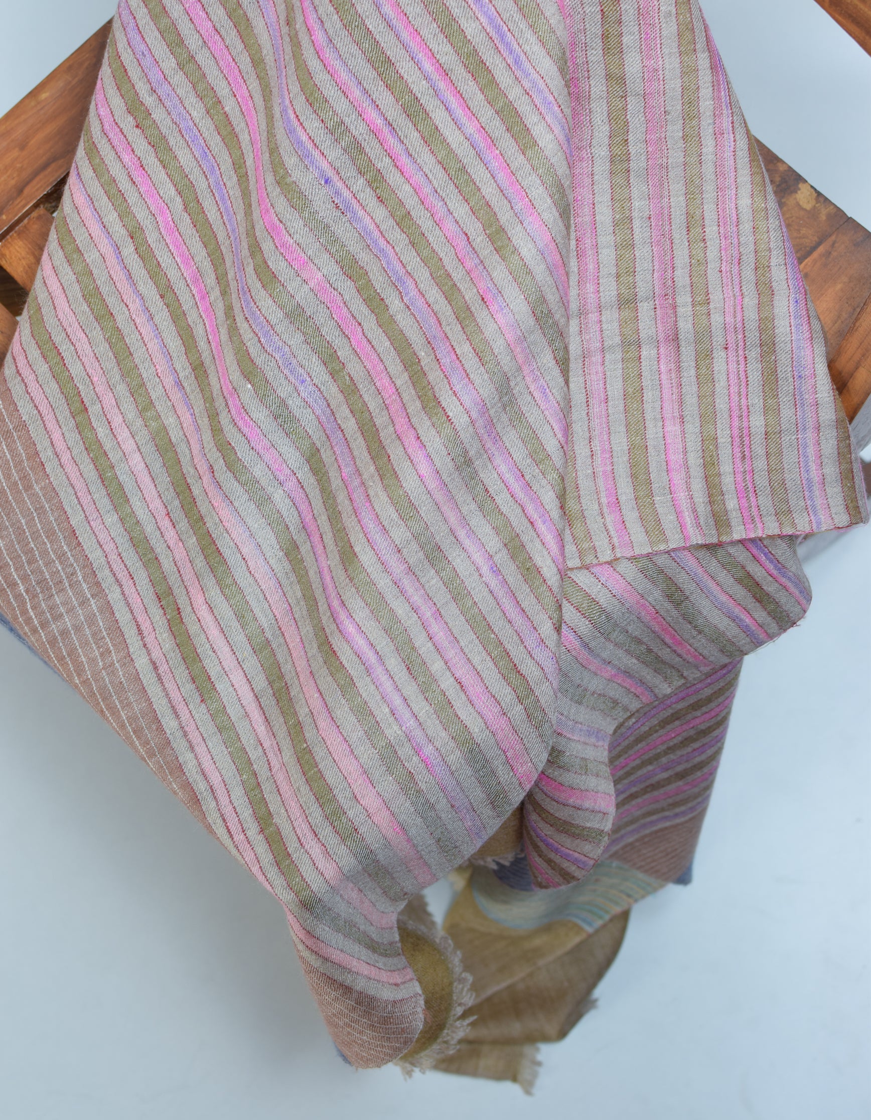 Olive Haze Handwoven Striped Cashmere Pashmina Stole - Kashmir Box